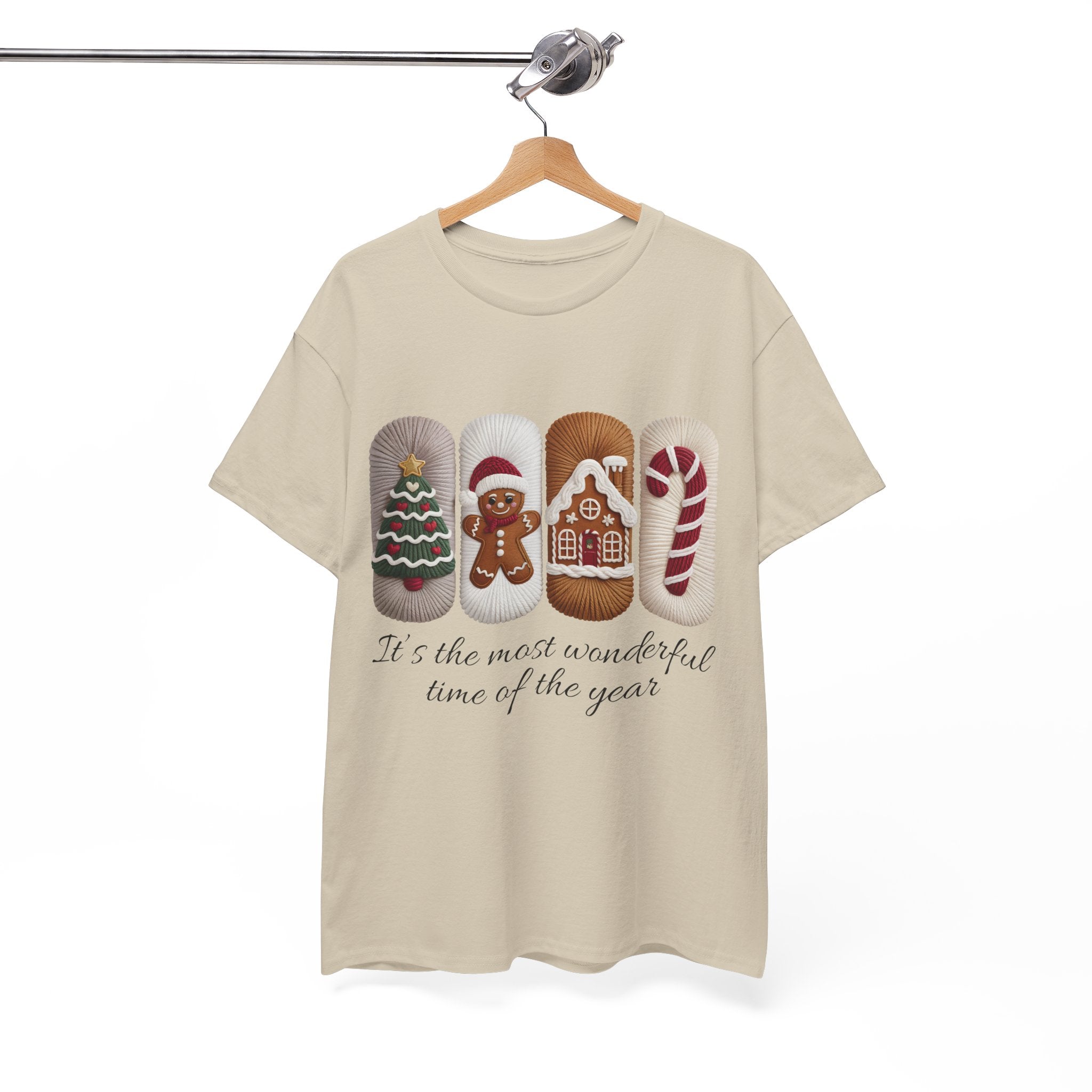 Christmas Faux-Yarn Tree Tee — Gingerbread House & Candy Cane Holiday Unisex Cotton T-Shirt
