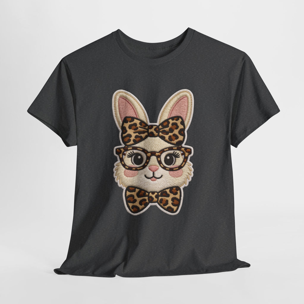 Leopard Bow Bunny Embroidered Tee — Cute Bunny Face with Glasses Patch Unisex Cotton Tee