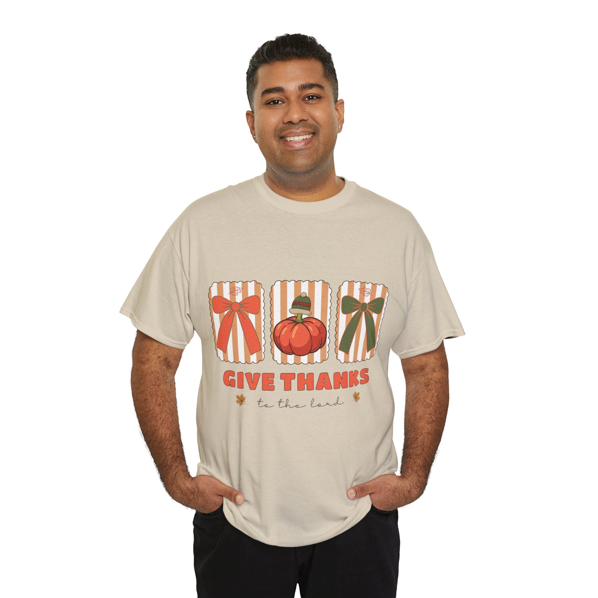 Give Thanks Thanksgiving T-Shirt — Pumpkin with Hat & Bows Unisex Cotton Tee
