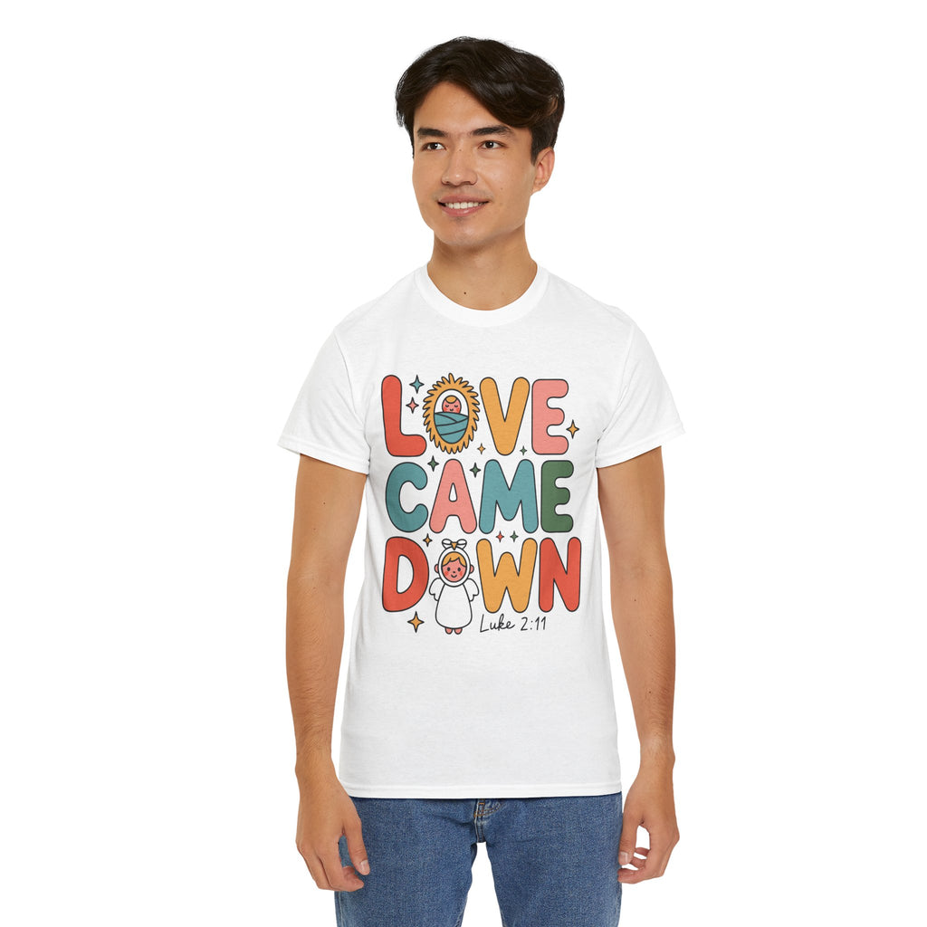 Love Came Down Christmas Tee — Baby Jesus Manger Angel (Luke 2:11)..Unisex Cotton Tee