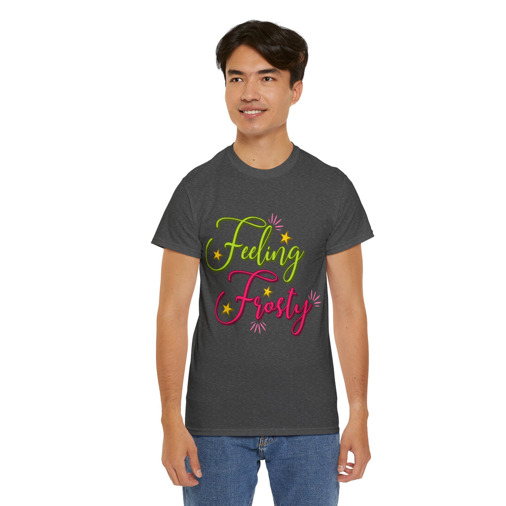 Feeling Frosty Holiday T-Shirt — Green & Pink Script Stars.Unisex Cotton Tee