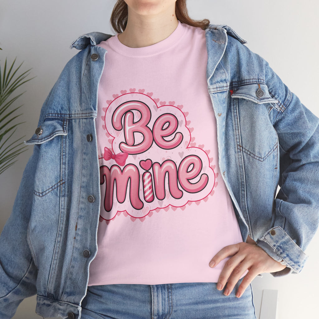 Be Mine Valentine T-Shirt — Pink Bubble Letters with Hearts & Bow..Unisex Cotton Tee