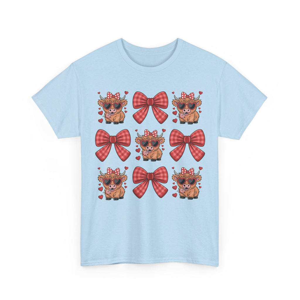 Valentine Cow Checkered Tee — Fluffy Cows with Heart Sunglasses & Red Bows..Unisex Cotton Tee