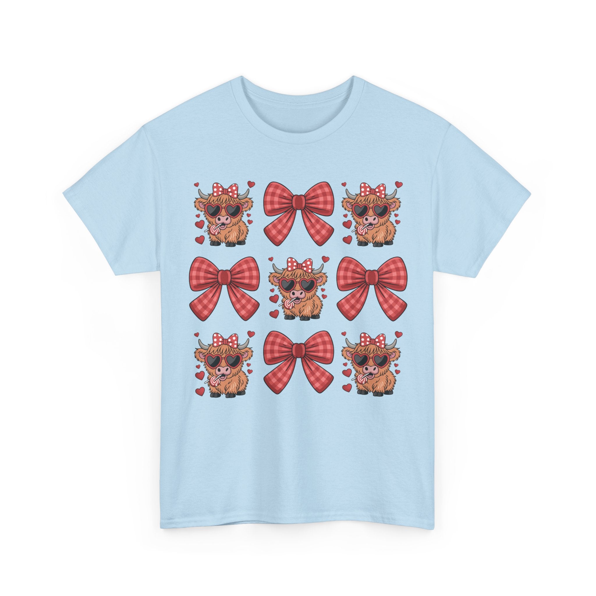 Valentine Cow Checkered Tee — Fluffy Cows with Heart Sunglasses & Red Bows..Unisex Cotton Tee