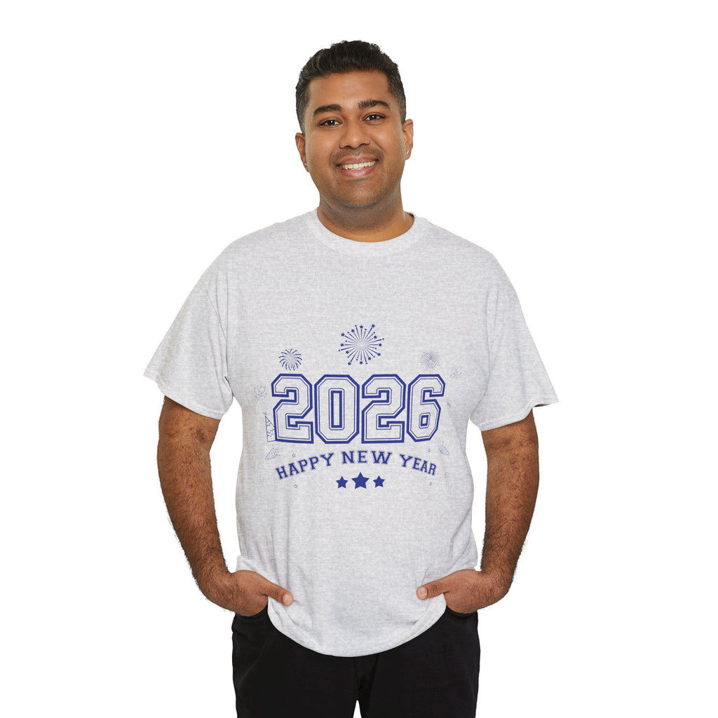 Happy New Year 2026 Varsity Tee — Fireworks & Confetti Celebration Unisex Cotton Tee
