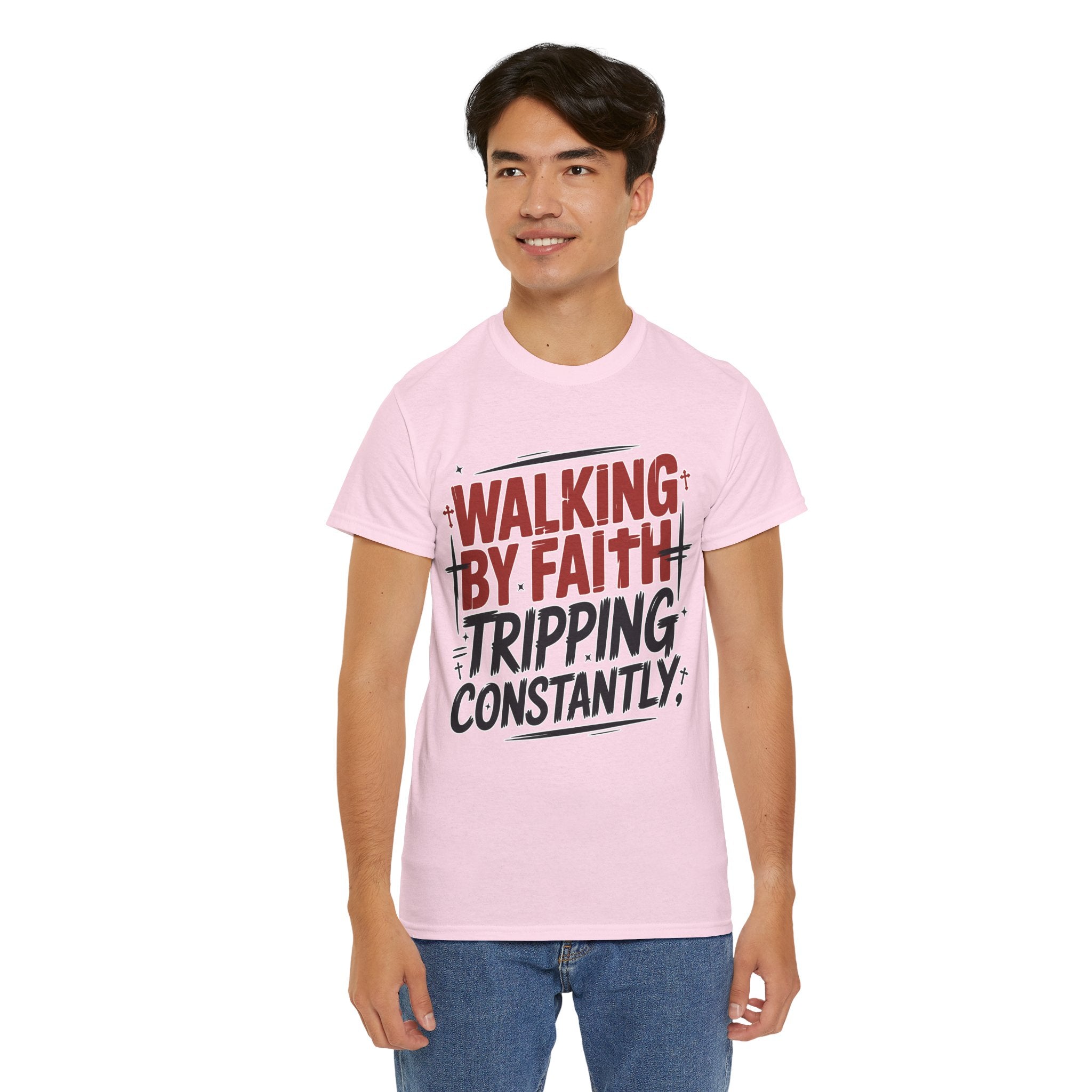 Walking by Faith, Tripping Constantly Unisex Cotton T-Shirt