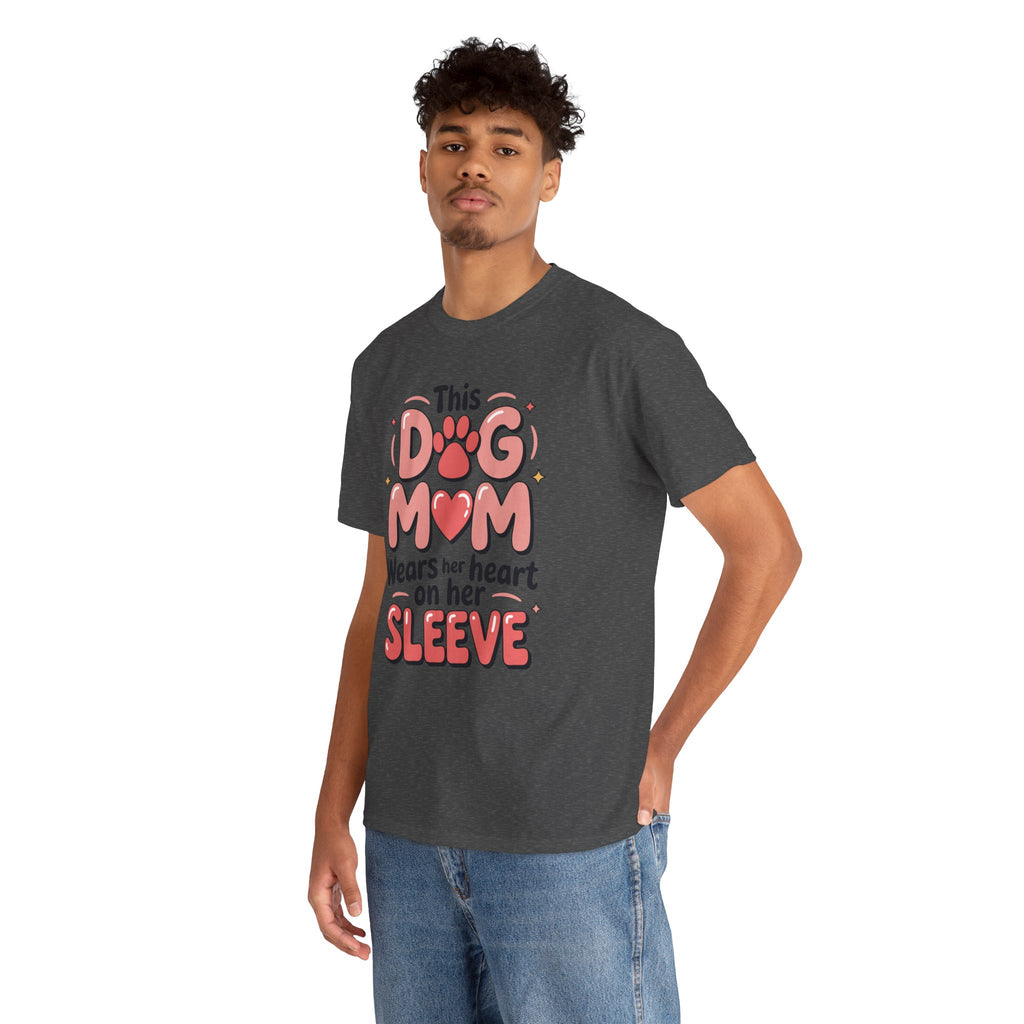 Dog Mom T-Shirt — "This Dog Mom Wears Her Heart on Her Sleeve" Paw & Heart Unisex Cotton Tee