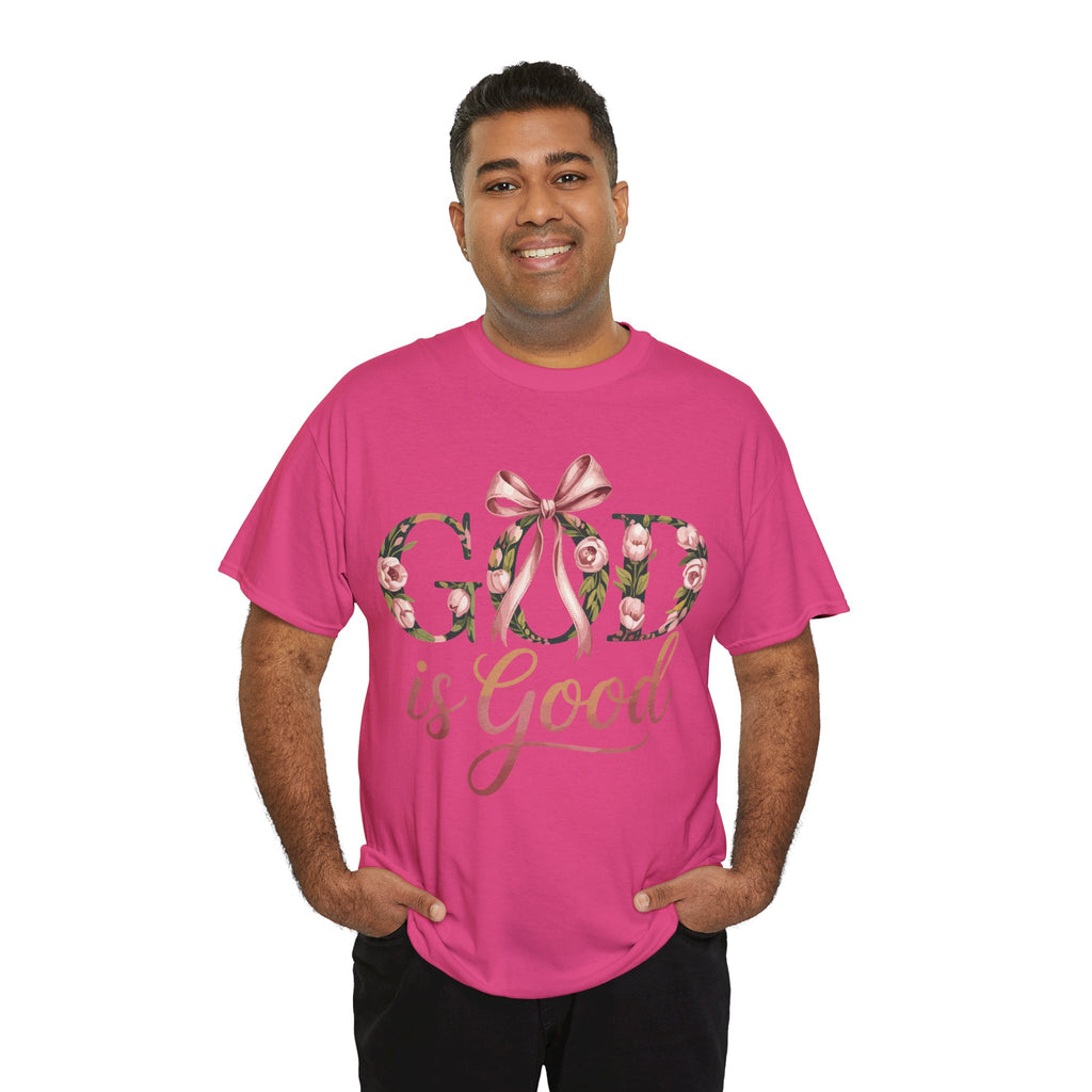 God Is Good Pink Rose Tee — Floral Ribbon Faith Unisex Cotton T-Shirt