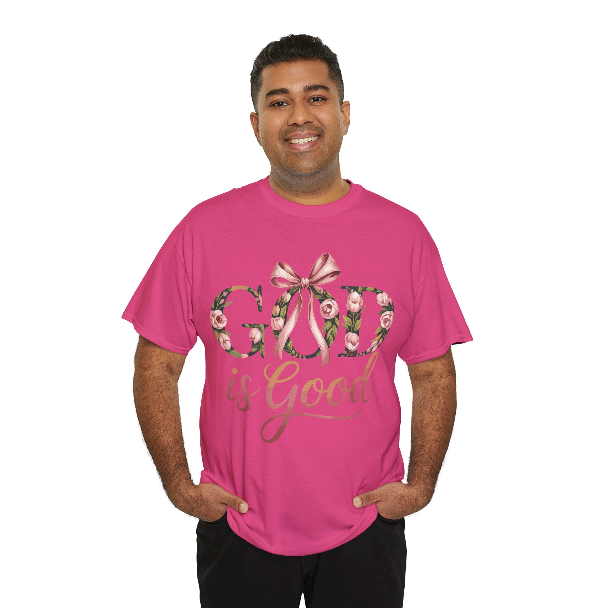 God Is Good Pink Rose Tee — Floral Ribbon Faith Unisex Cotton T-Shirt