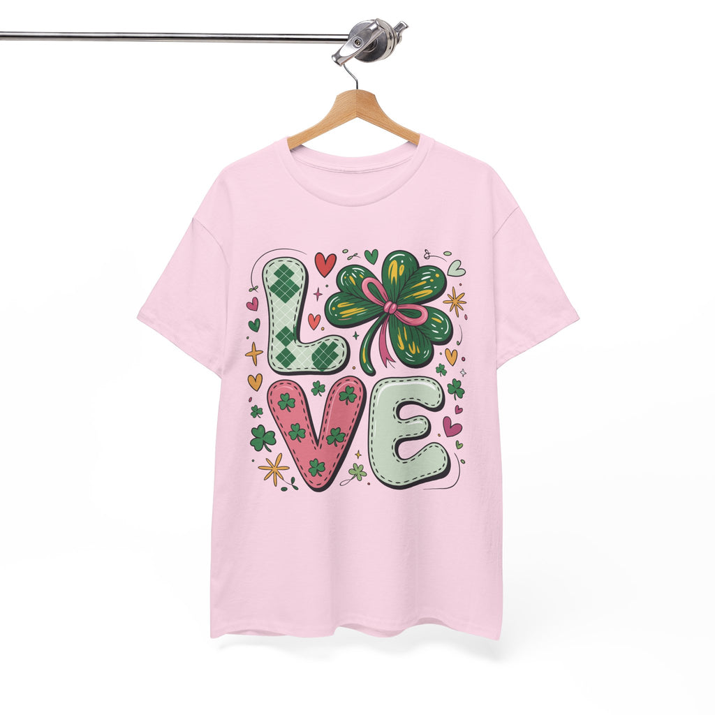 Stitched Clover 'LOVE' Tee — Heart & Patchwork St. Patrick's Unisex Cotton T-Shirt