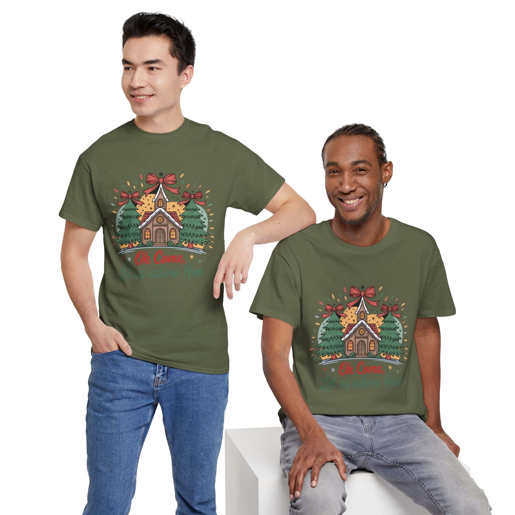 Oh Come Let Us Adore Him Christmas Tee — Church & Trees Holiday Unisex Cotton Tshirt