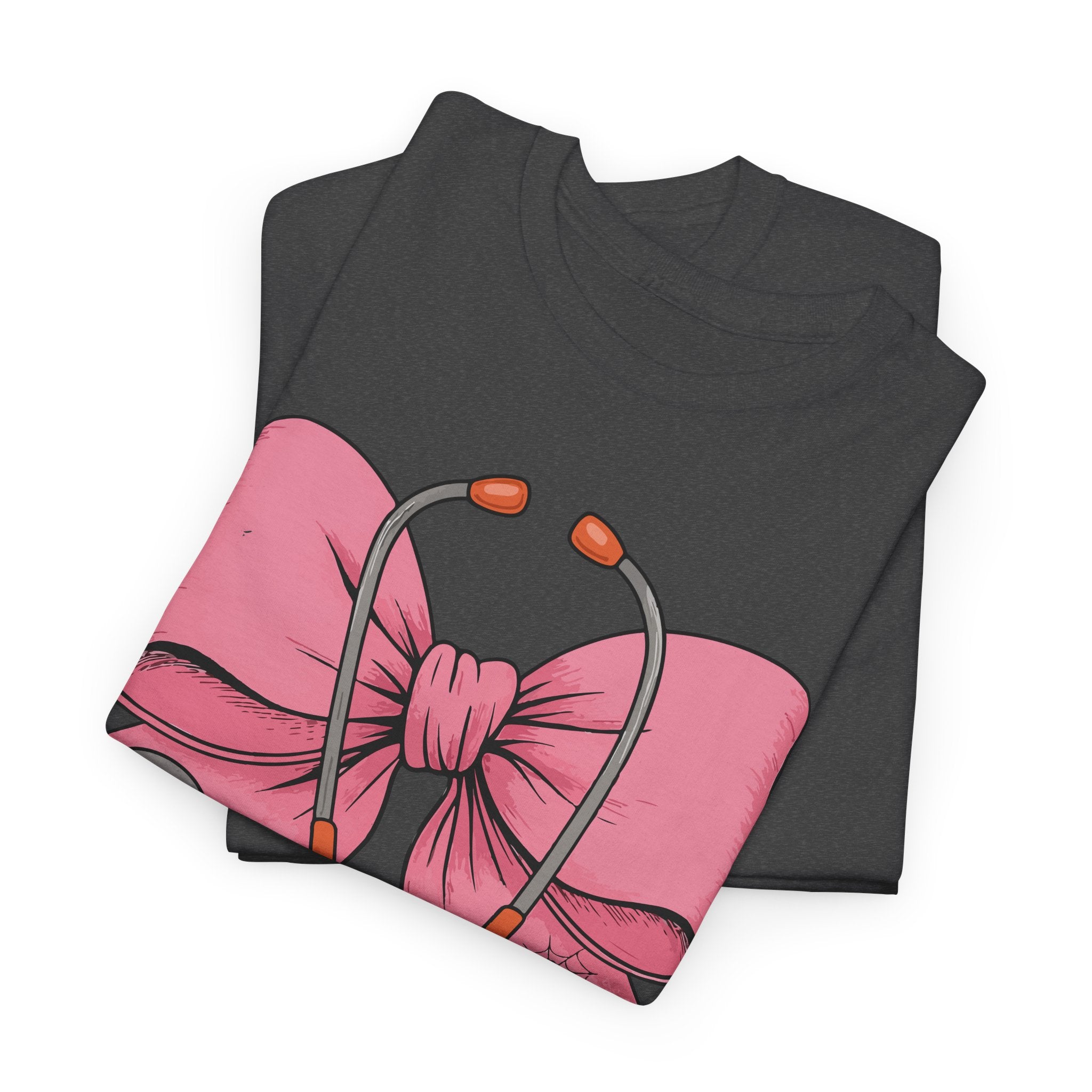 Halloween Nurse T‑Shirt — Pink Nurse Bow with Stethoscope, Syringes & Spider Webs..Unisex Cotton Tee