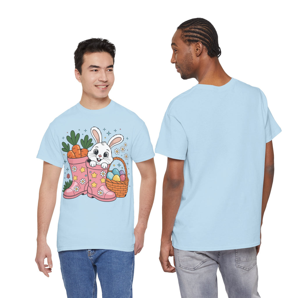 Easter Bunny in Pink Rain Boots T-Shirt — Cartoon Bunny, Carrots & Colorful Eggs Unisex Cotton Tee