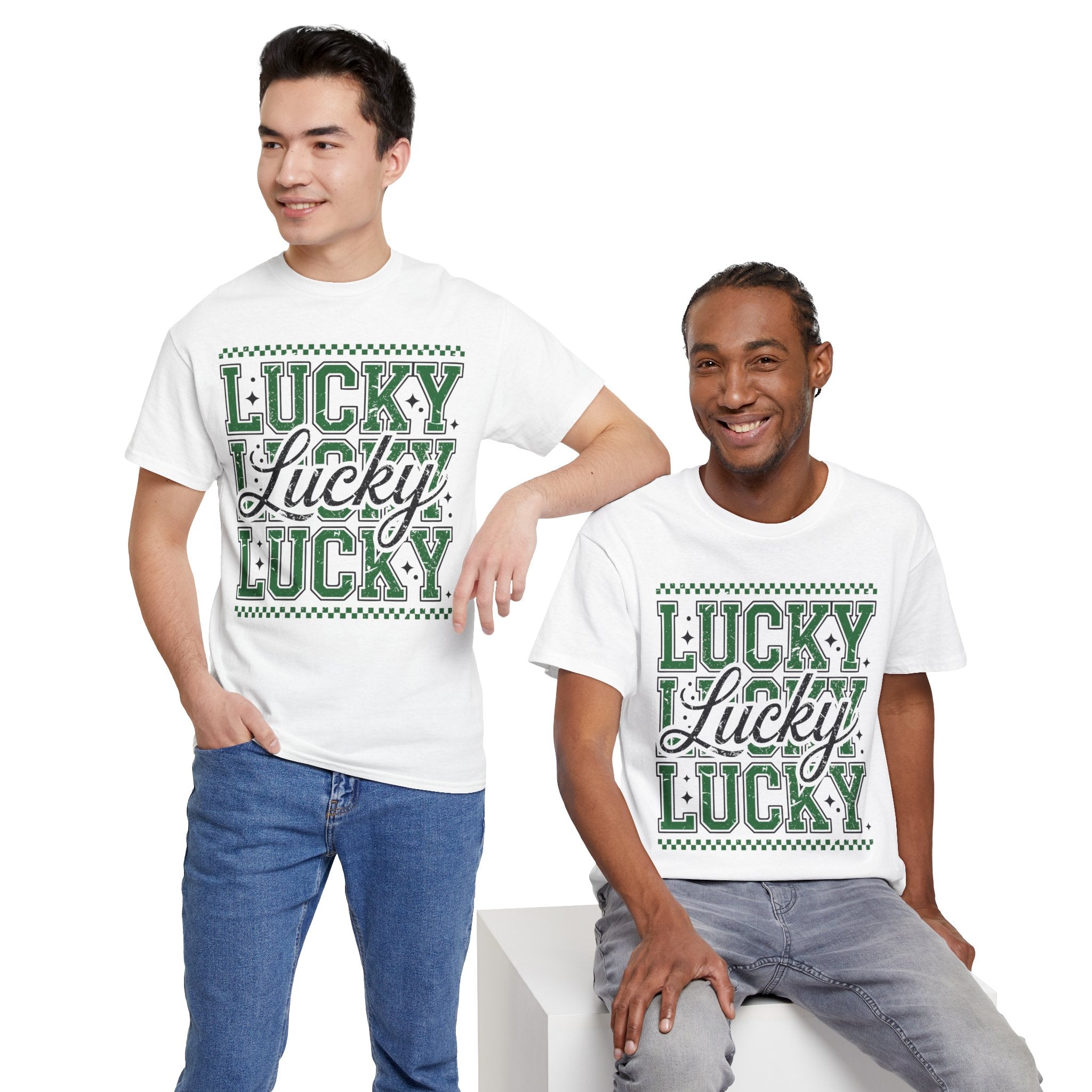 Lucky Varsity Tee — Layered Green ‘Lucky’ Graphic Unisex Cotton Tee