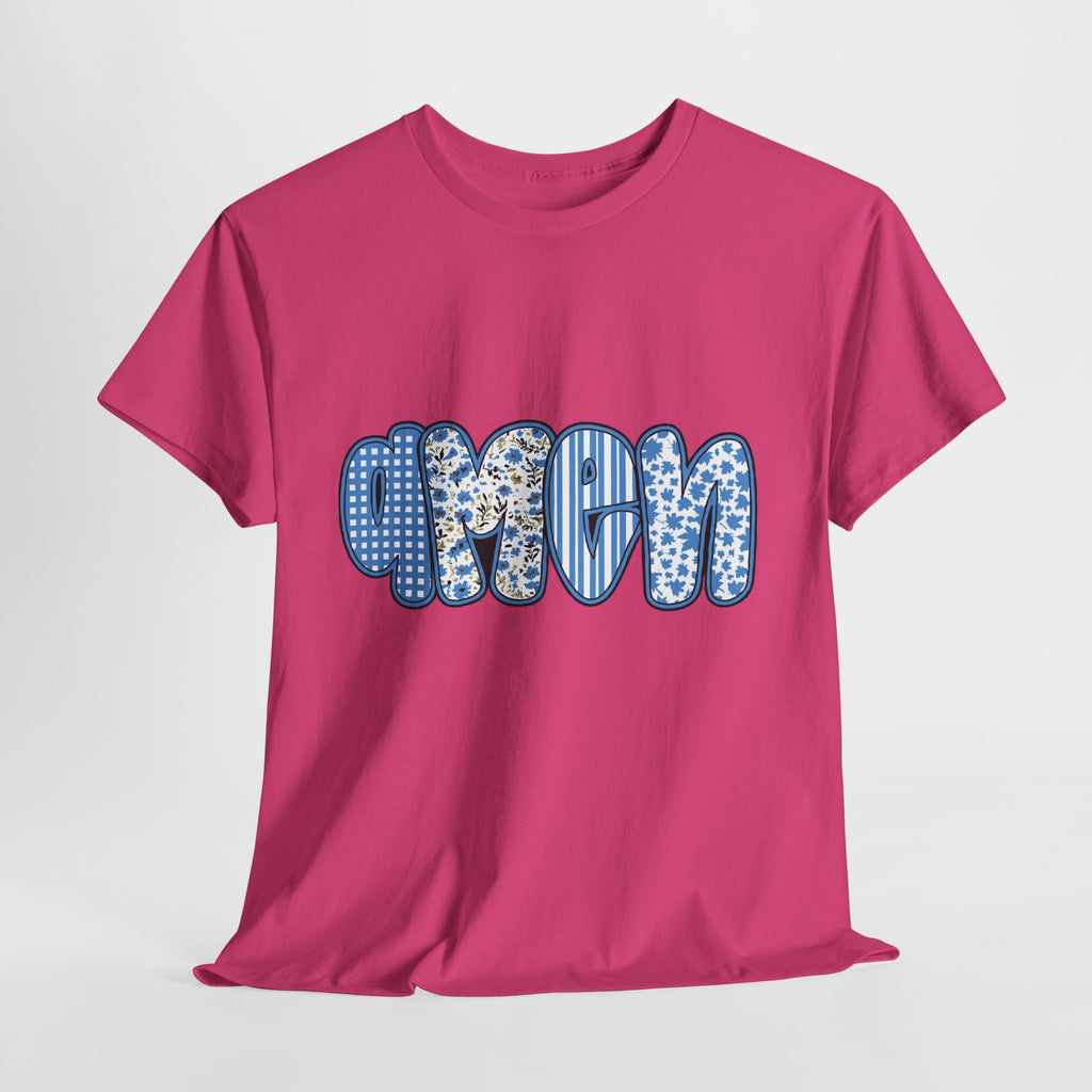 Amen Blue Floral Tee — Decorative Floral Lettering Christian Shirt Unisex Cotton Tee