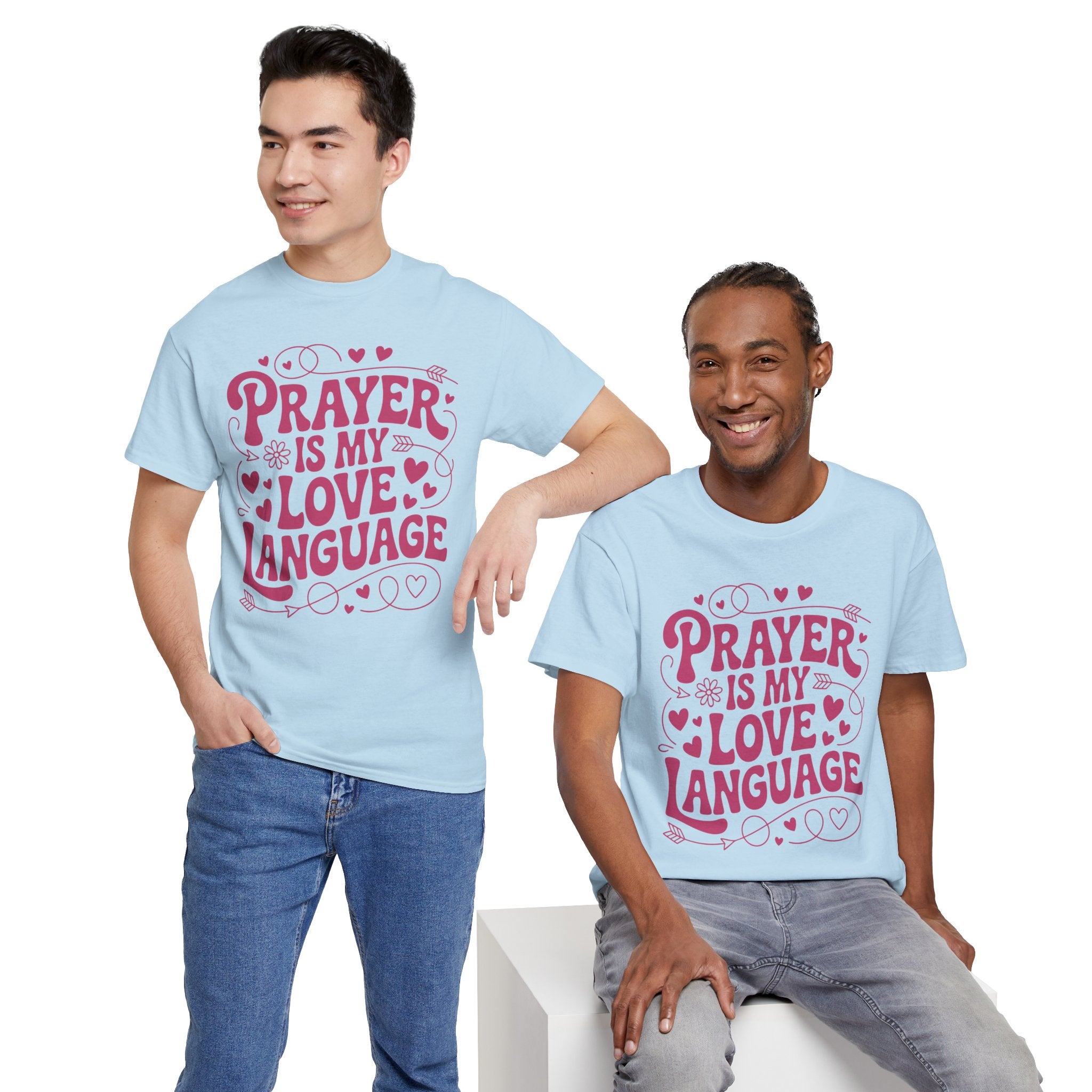 Prayer Is My Love Language Christian Tee — Pastel Pink Hearts Unisex Cotton Tee