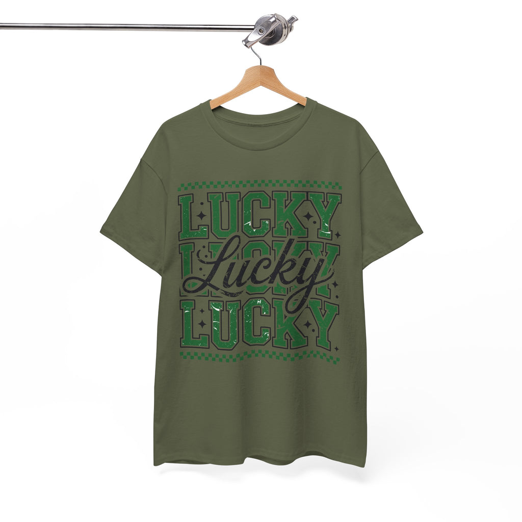 Lucky Varsity Tee — Layered Green ‘Lucky’ Graphic Unisex Cotton Tee