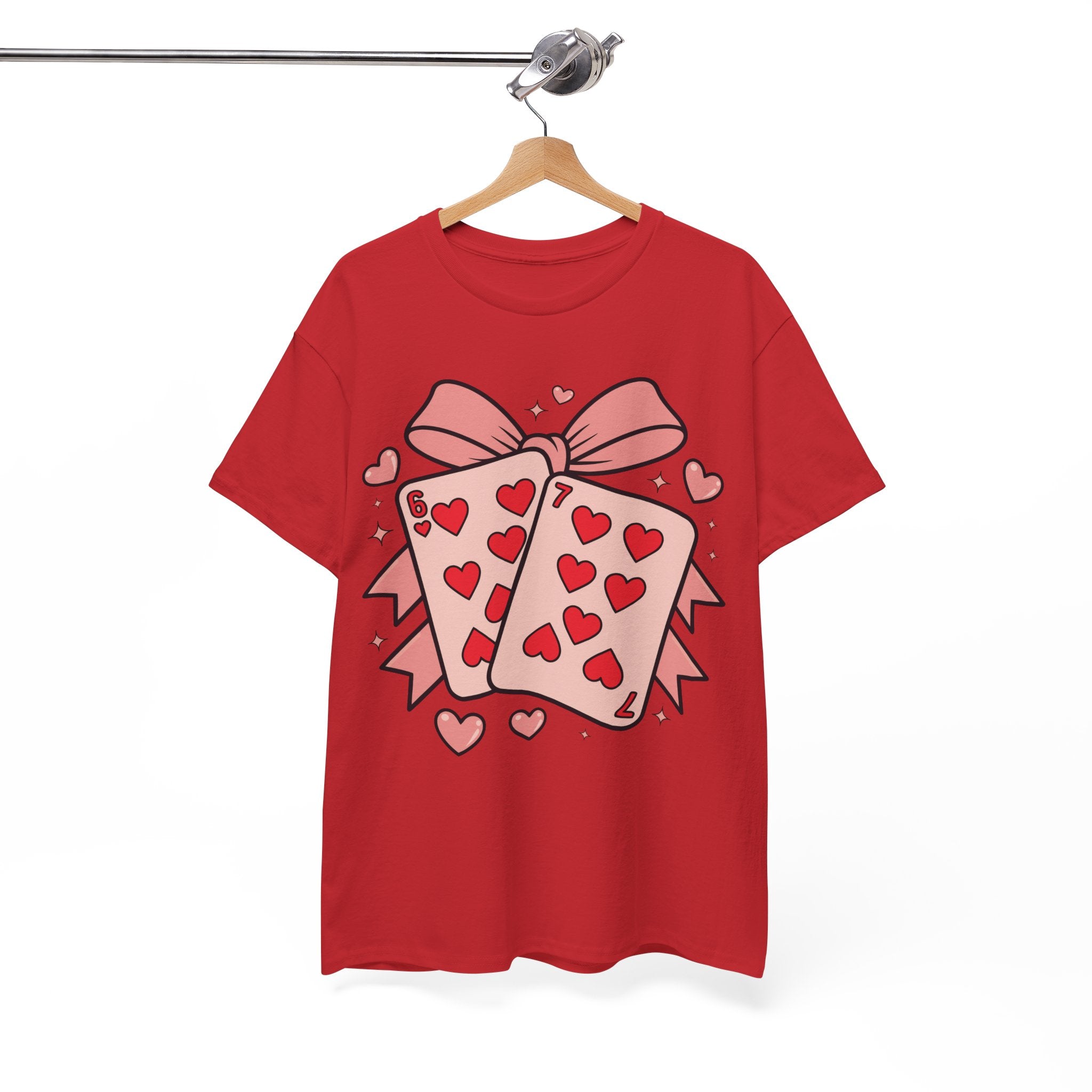 6 & 7 of Hearts T-Shirt — Paired Playing Cards with Pink Bow Unisex Cotton Tee