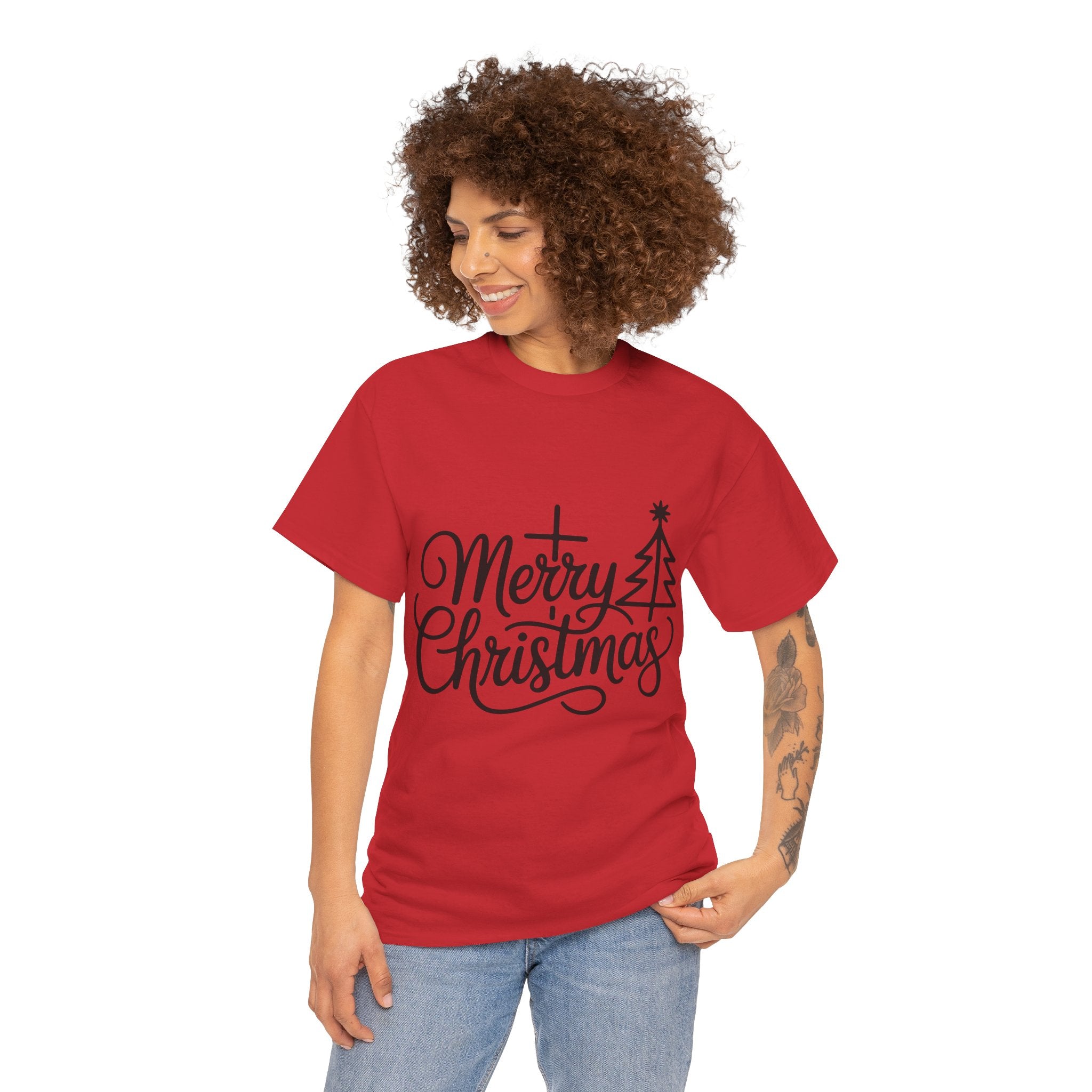 Merry Christmas Script T-Shirt with Cross & Tree(Unisex Cotton Tee)