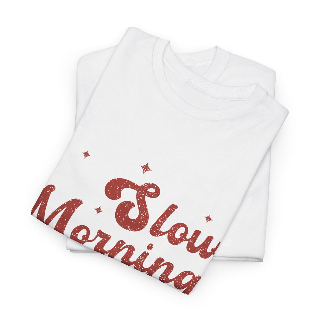 Slow Mornings Club T-Shirt — Retro Red Sparkle Unisex Cotton Tee
