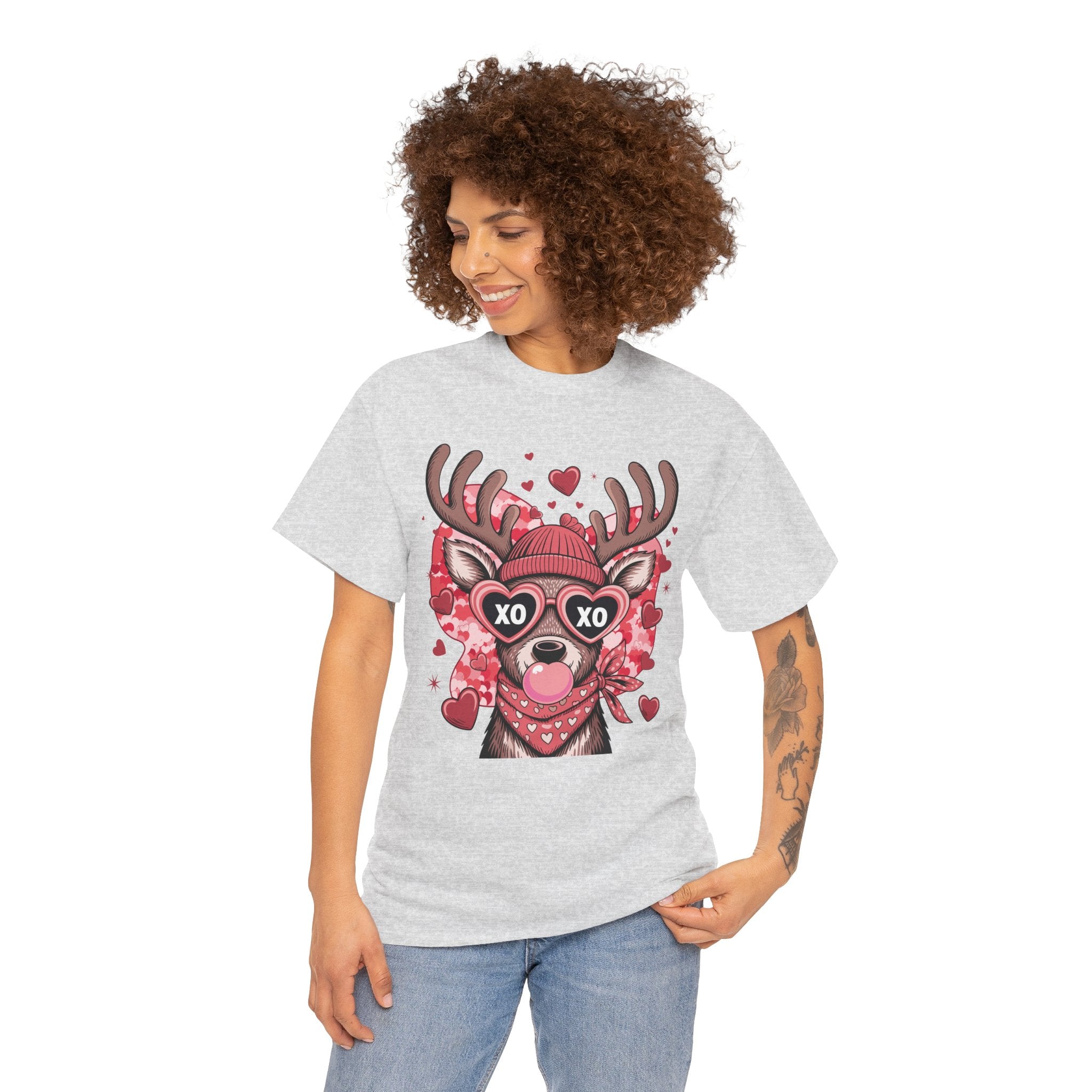 Valentine Deer Tee — Cute XO Heart Glasses, Beanie & Scarf Unisex Cotton Tshirt
