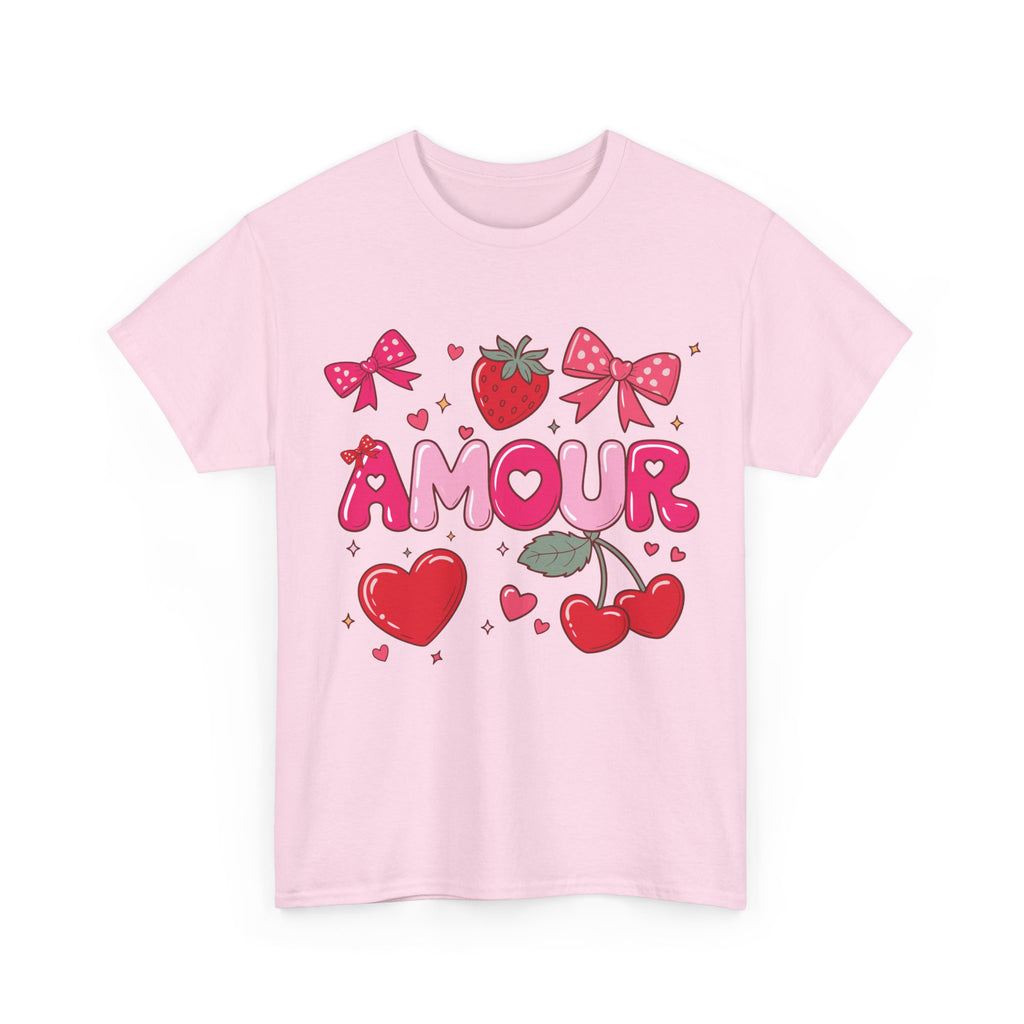 Amour Pink Hearts Tee — Shiny Lettering with Bows, Cherries & Strawberry Accent...Unisex Cotton Tee