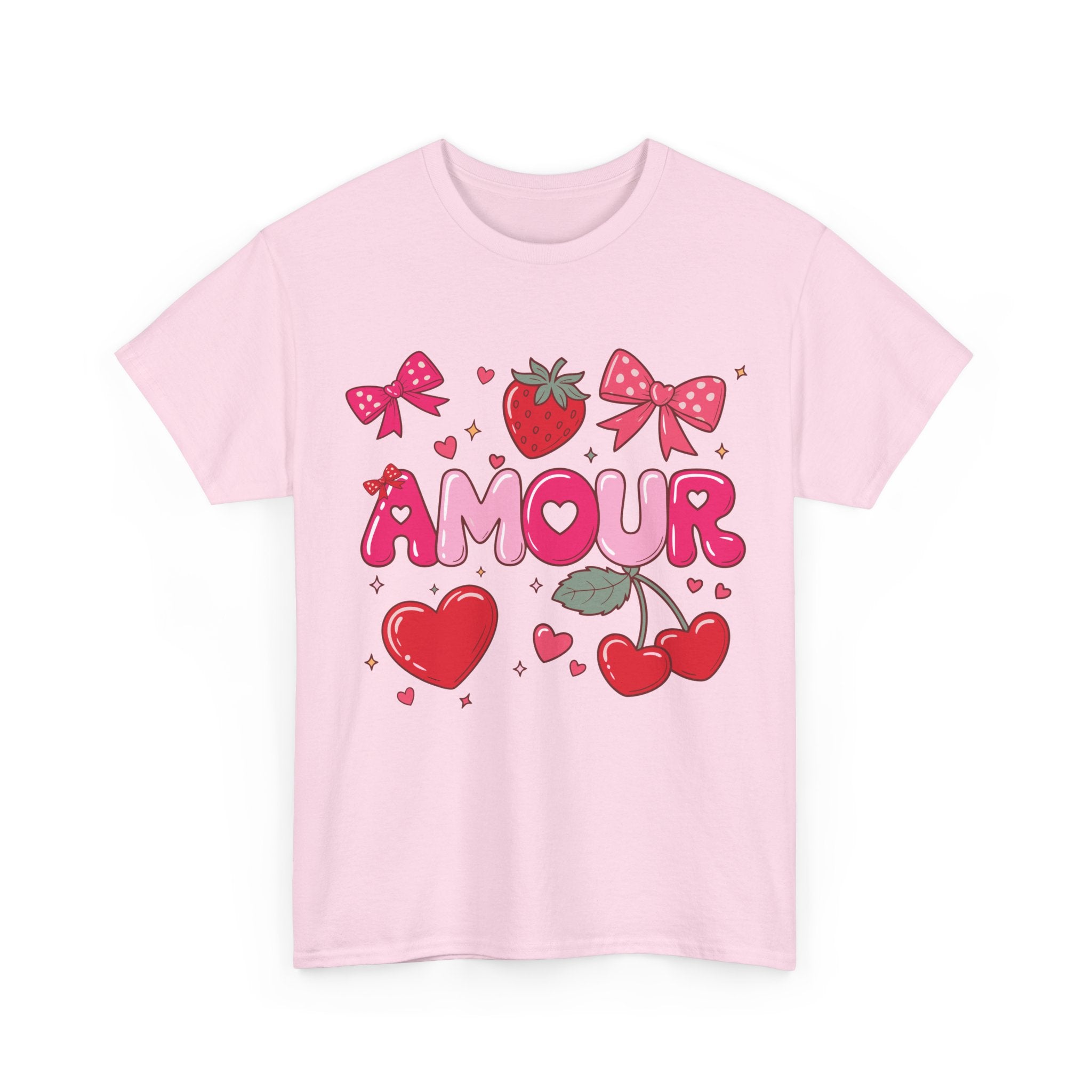 Amour Pink Hearts Tee — Shiny Lettering with Bows, Cherries & Strawberry Accent...Unisex Cotton Tee