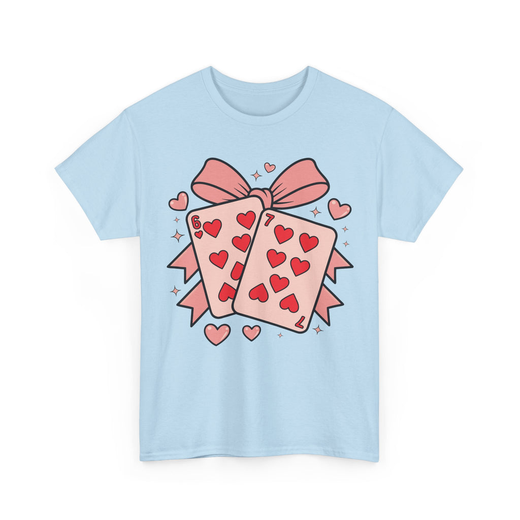 6 & 7 of Hearts T-Shirt — Paired Playing Cards with Pink Bow Unisex Cotton Tee