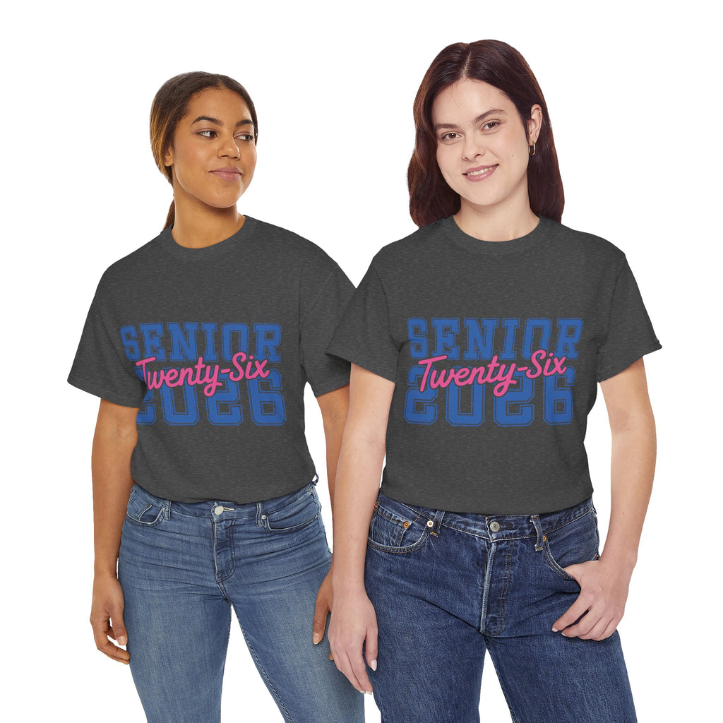 Senior 2026 Tee — Pink Varsity Block with Blue Script Overlay Unisex Cotton Tee