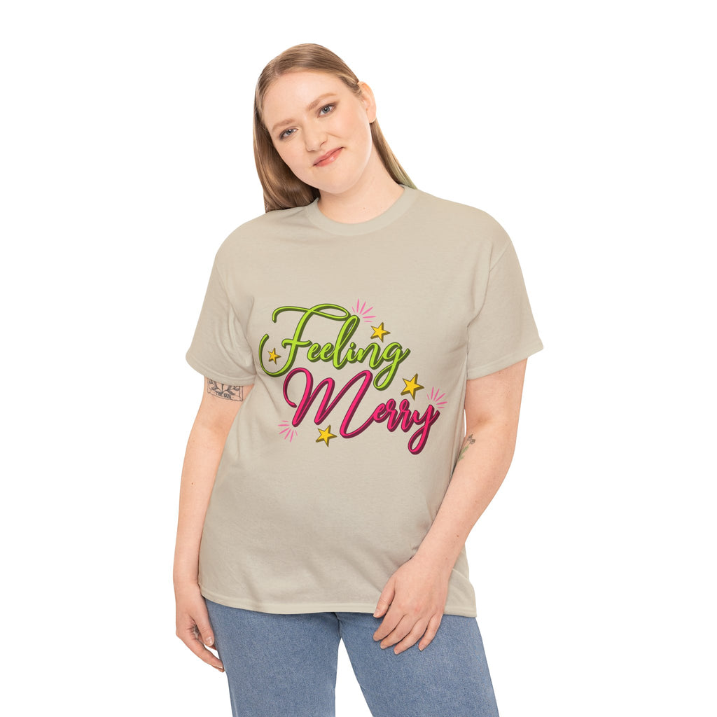 Feeling Merry T-Shirt — Bright Green & Pink Holiday Tee with Stars.Unisex Cotton Tee