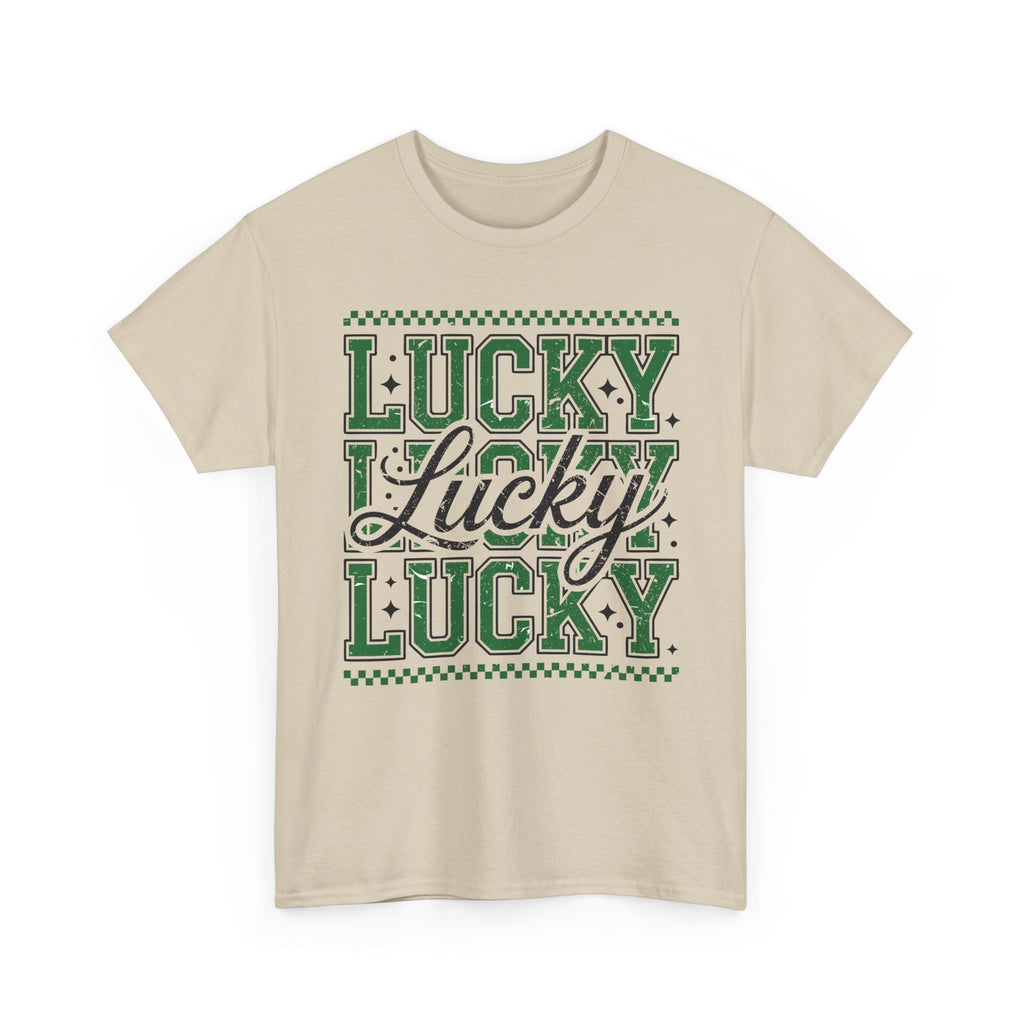 Lucky Varsity Tee — Layered Green ‘Lucky’ Graphic Unisex Cotton Tee