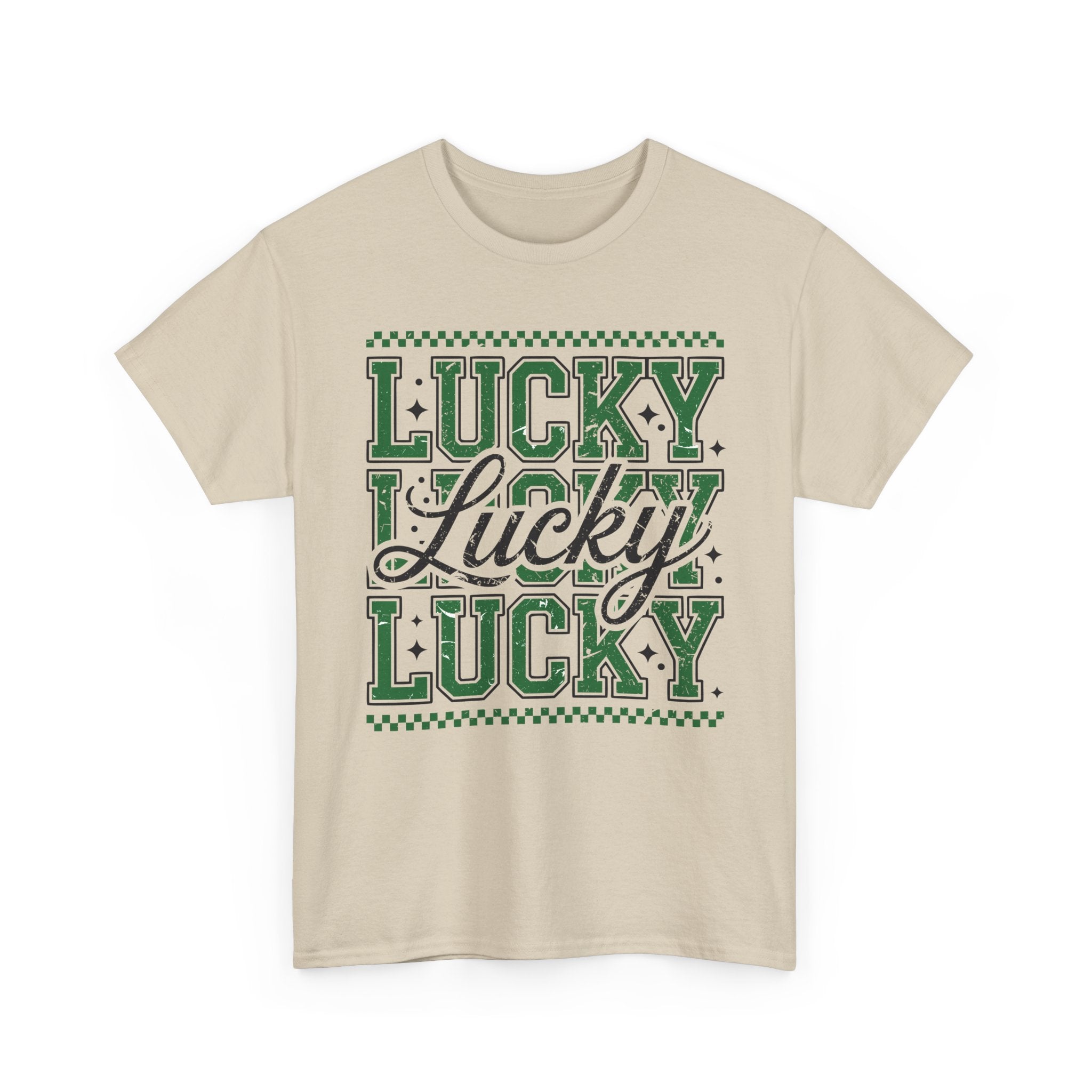 Lucky Varsity Tee — Layered Green ‘Lucky’ Graphic Unisex Cotton Tee