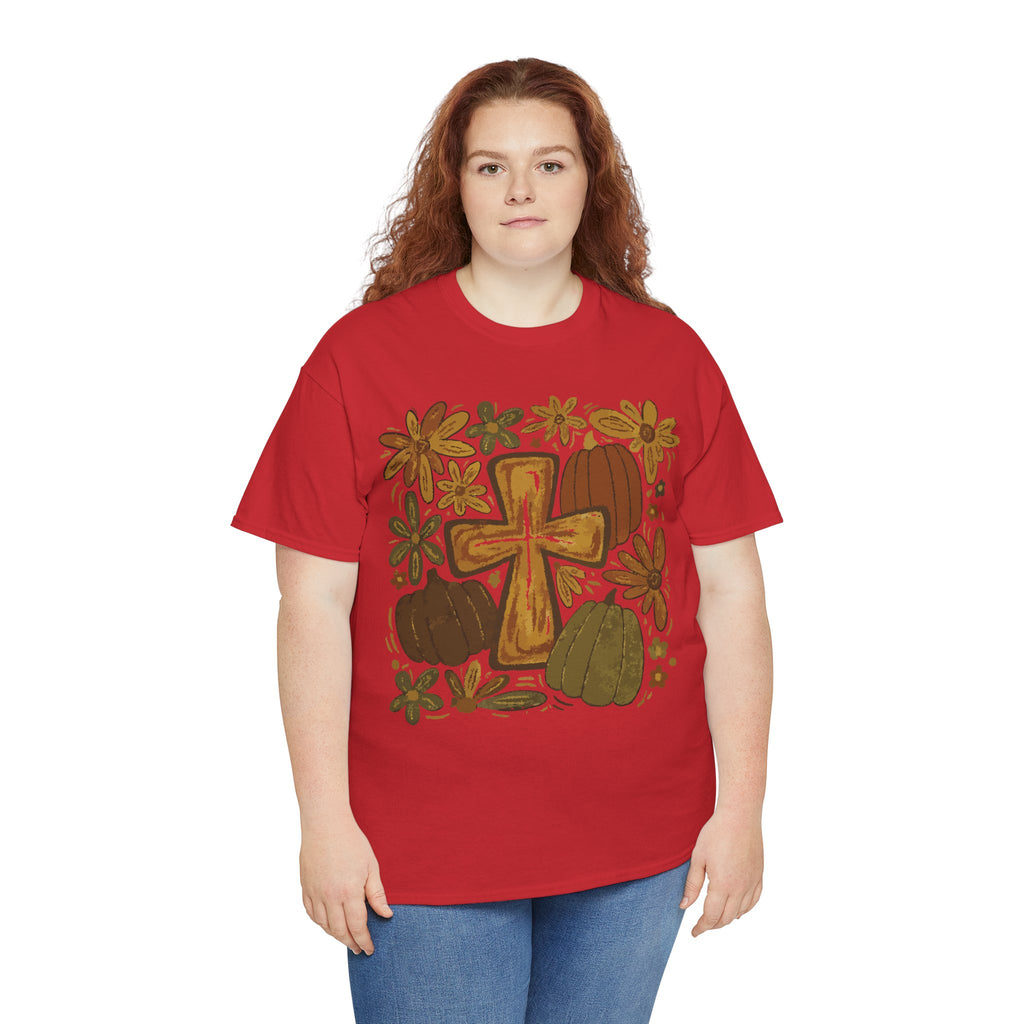 Autumn Cross Tee — Rustic Pumpkin & Fall Floral Christian Unisaex Cotton T-Shirt
