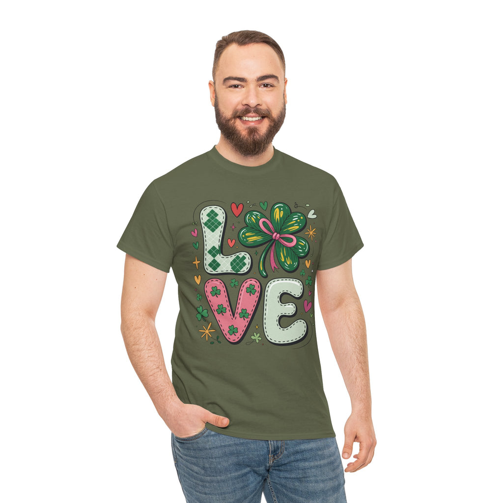 Stitched Clover 'LOVE' Tee — Heart & Patchwork St. Patrick's Unisex Cotton T-Shirt