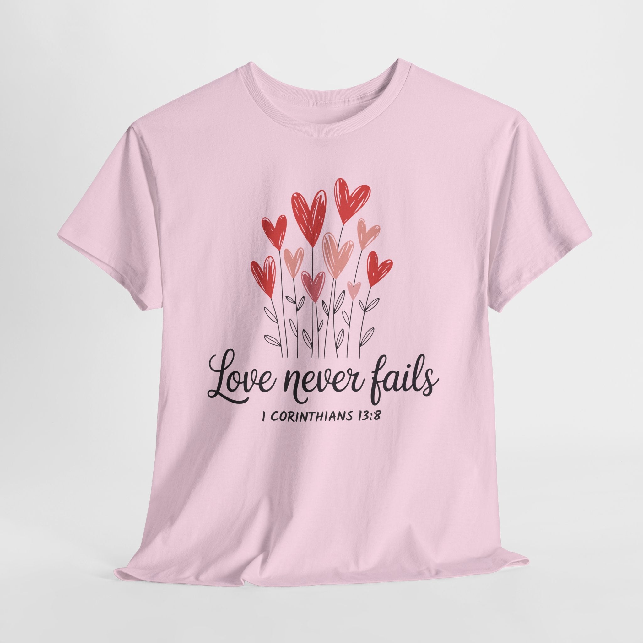 Christian Valentine T-Shirt — "Love Never Fails" (1 Corinthians 13:8) Unisex Cotton Tee