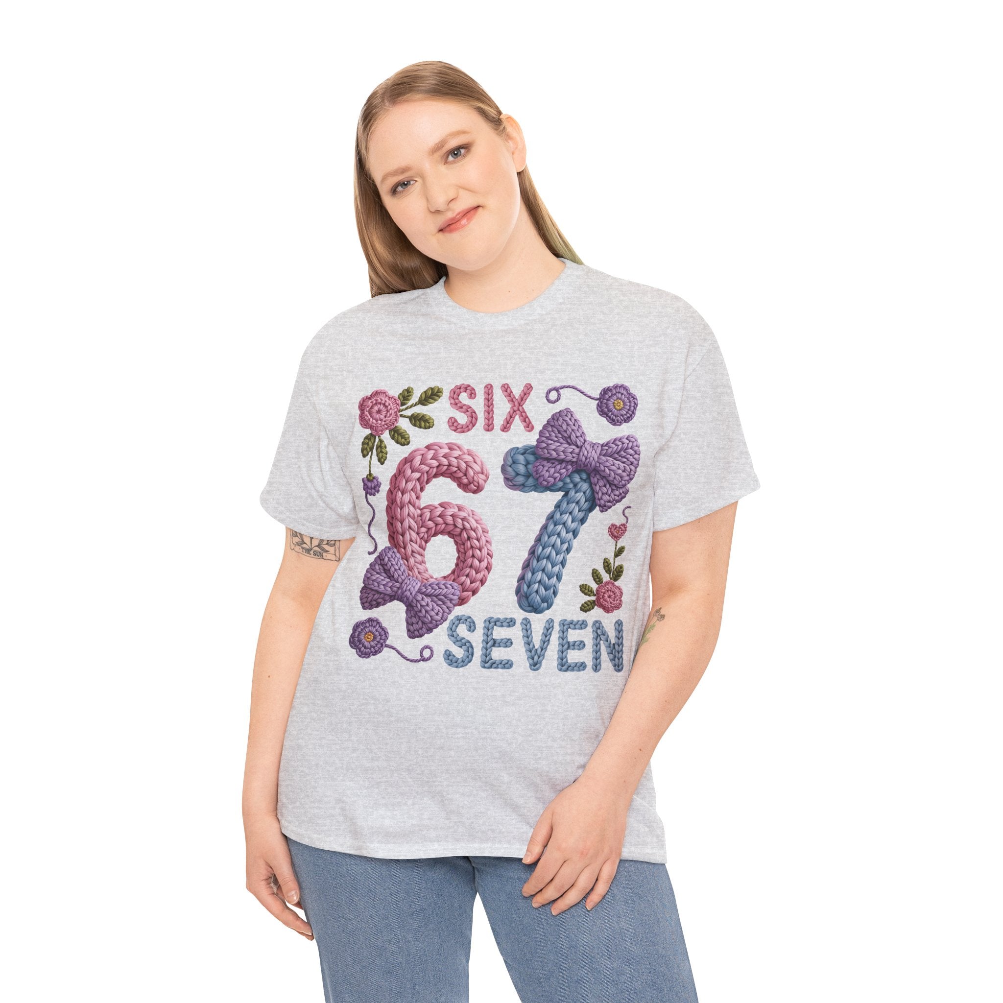 Pastel Crochet Numbers 6 & 7 Tee — Faux-Yarn Bows & Flowers. Unisex Cotton Tee