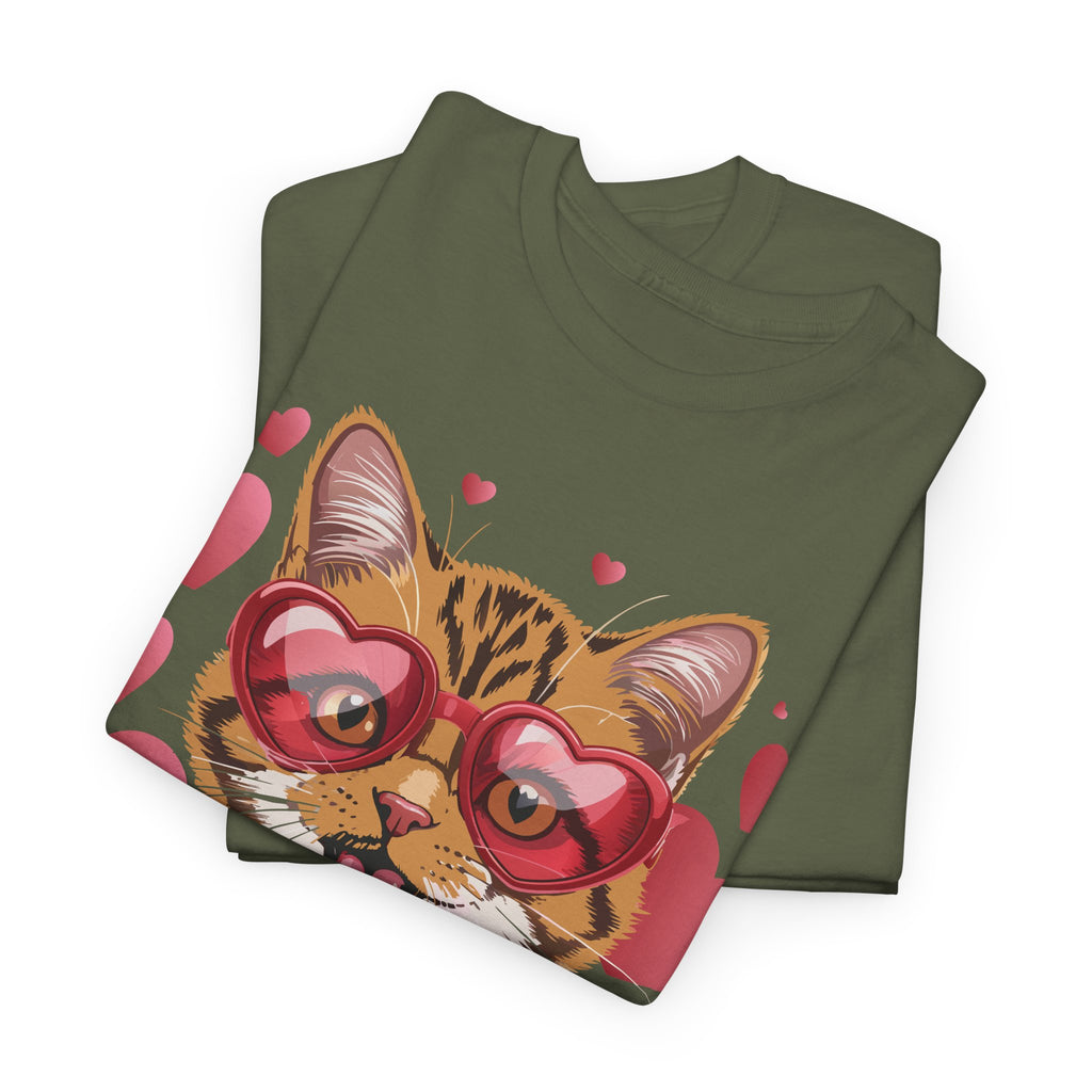 Valentine Cat Tee — Heart Glasses, Lollipop Bow Unisex Cotton Tee