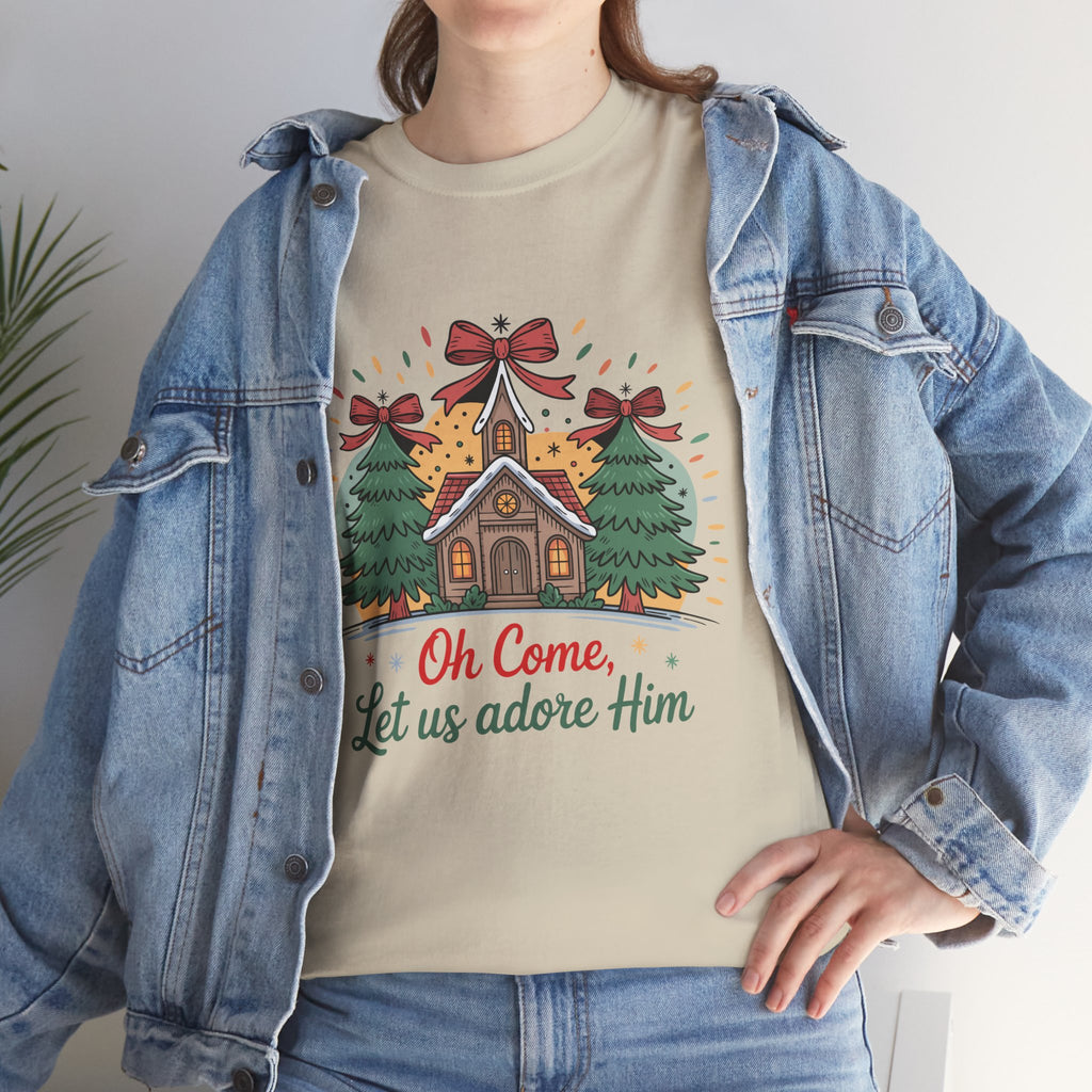 Oh Come Let Us Adore Him Christmas Tee — Church & Trees Holiday Unisex Cotton Tshirt