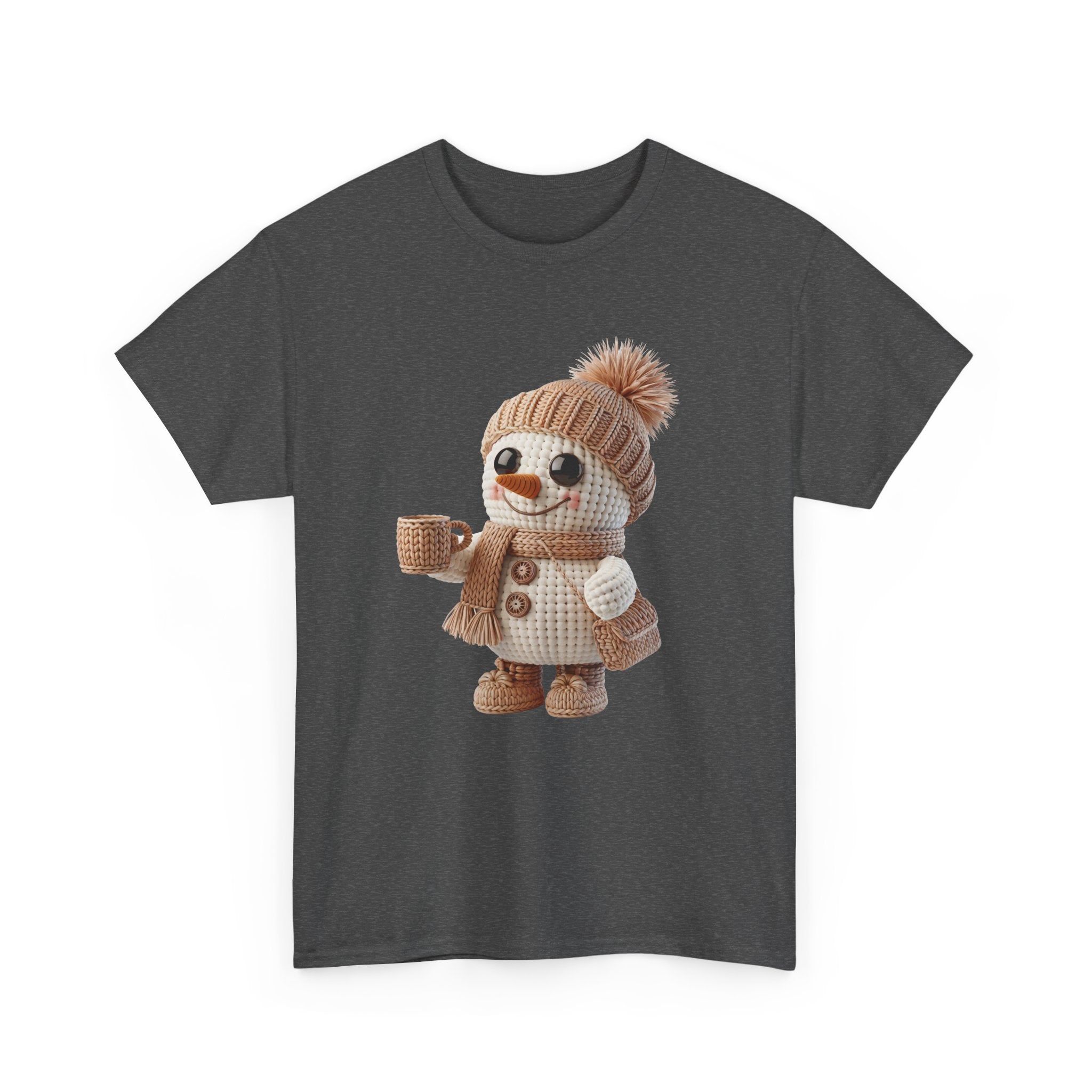 Cozy Snowman Tee — Smiling Snowman with Mug, Scarf & Beanie. Unisex Cotton Tee