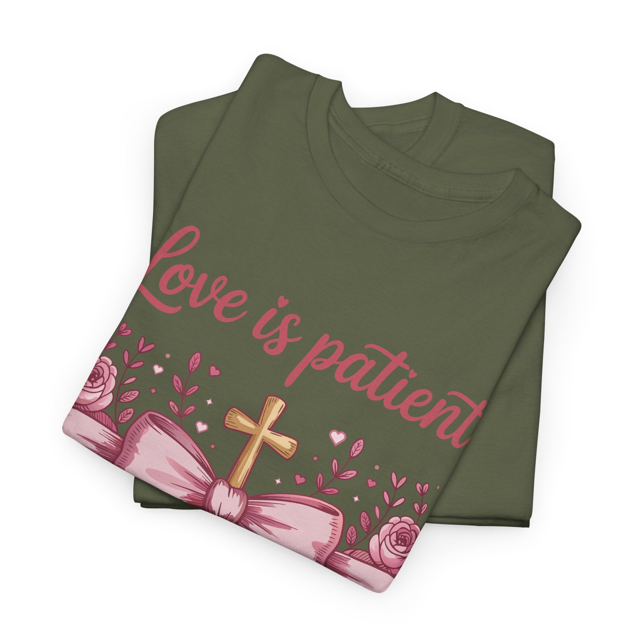 Christian Floral Tee — "Love is Patient, Love is Kind" Pink Rose Cross. Unisex Cotton Tee
