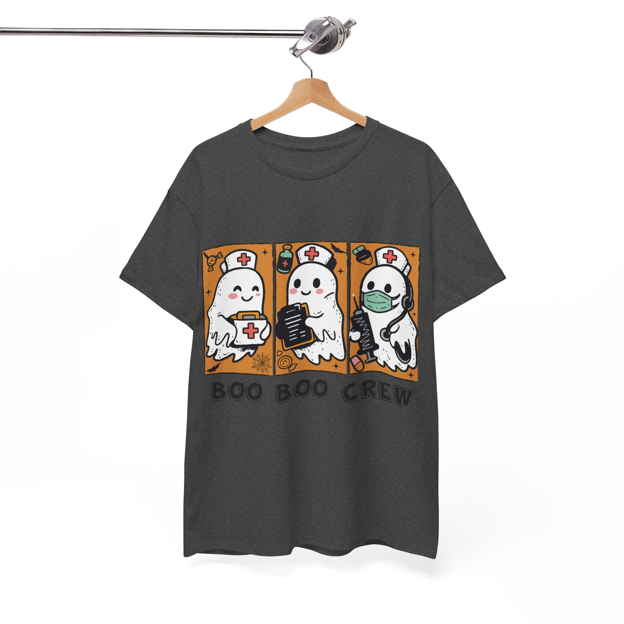 Halloween Nurse T-Shirt — Ghost Nurses Holding Medical Tools on Orange Unisec Cotton Tee
