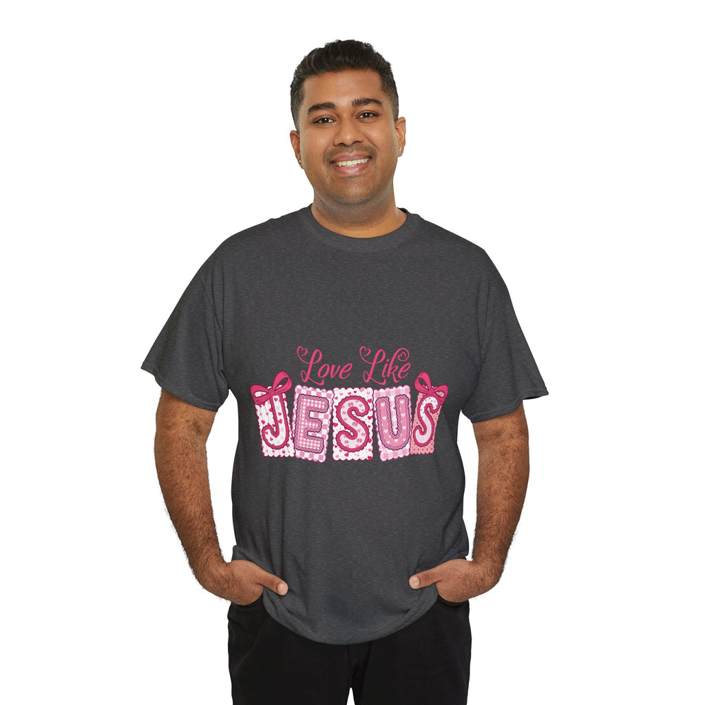 Love Like Jesus Patchwork Tee — Pink Stitched Heart Graphic.Unisex Cotton Tee