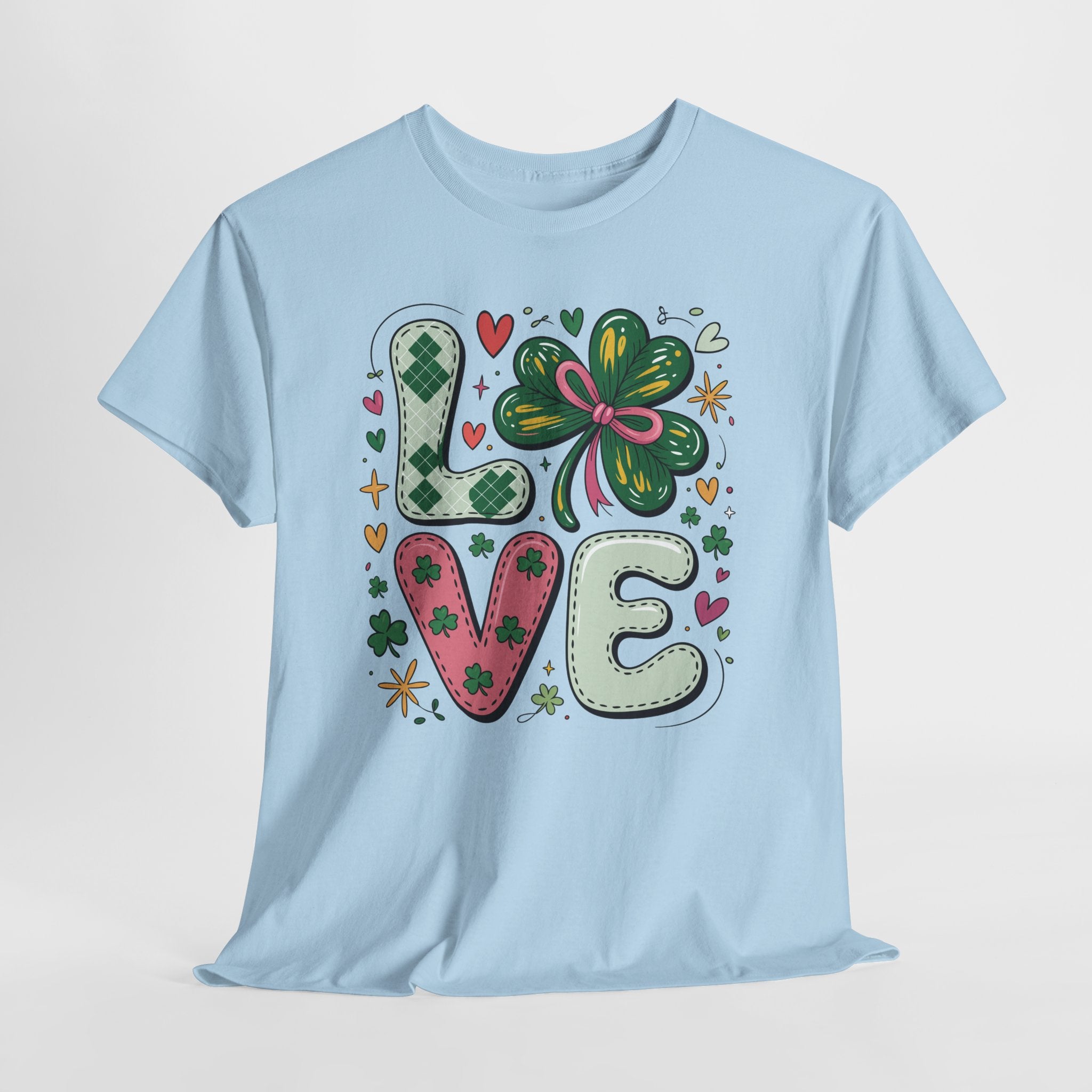 Stitched Clover 'LOVE' Tee — Heart & Patchwork St. Patrick's Unisex Cotton T-Shirt