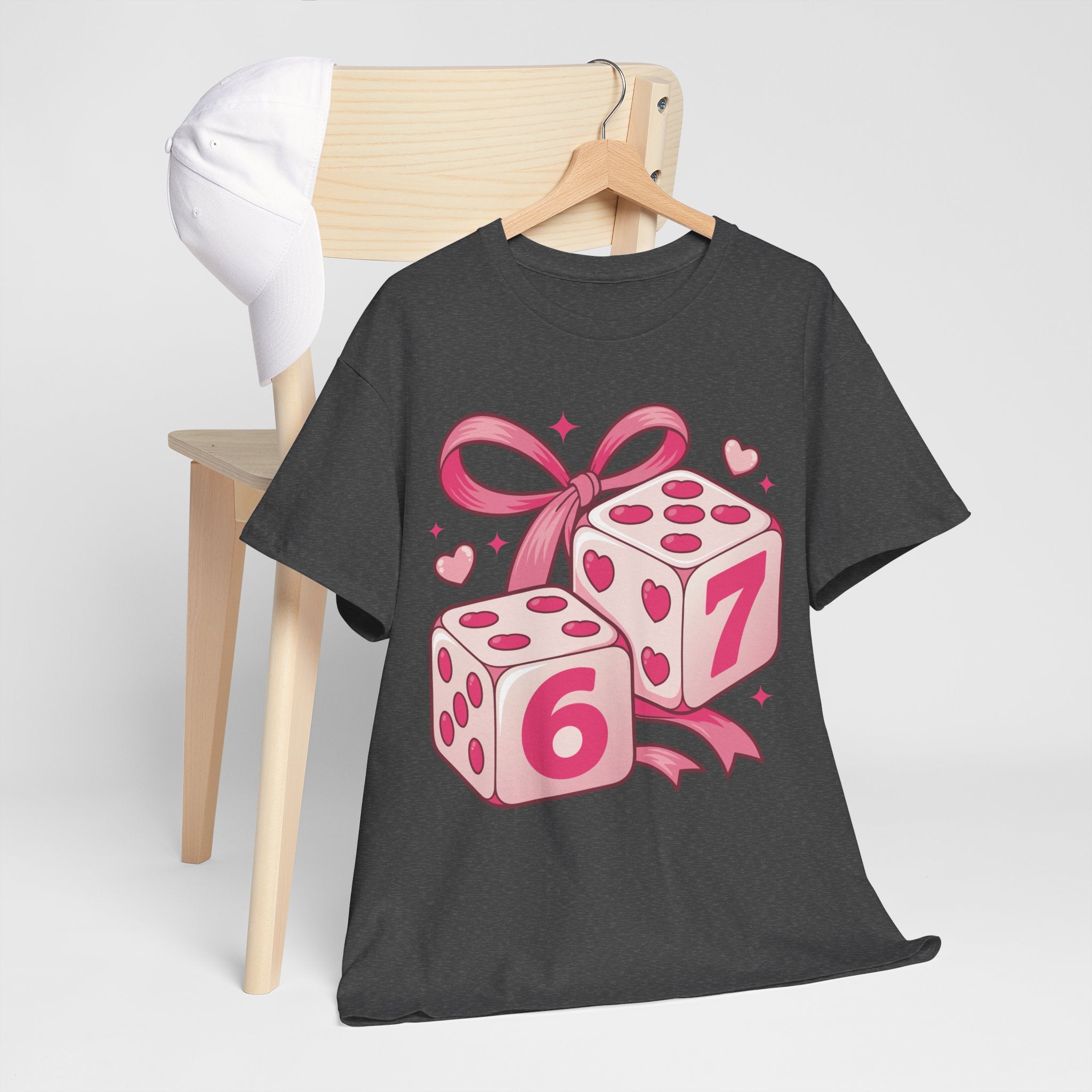 Lucky Love Dice T-Shirt — Pink Heart Dice with Bow..Unisex Cotton Tee