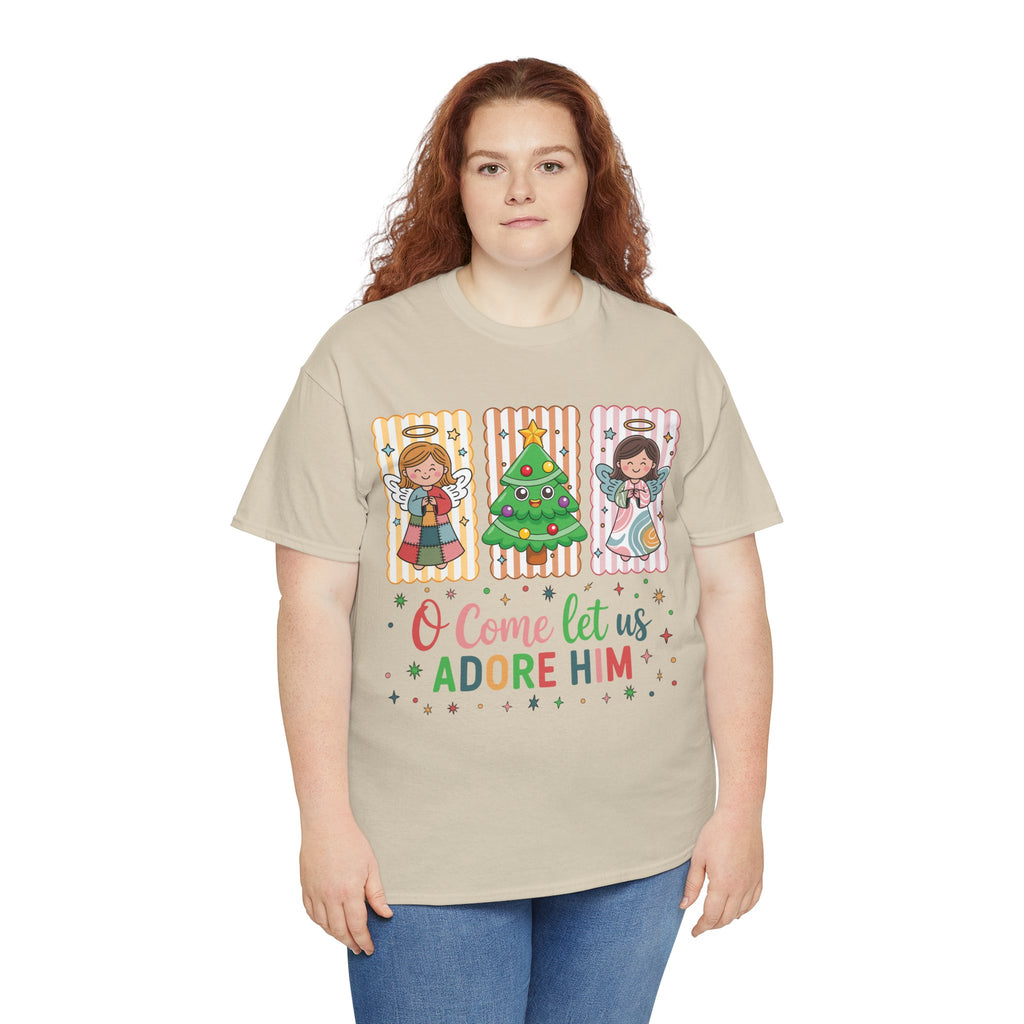 O Come Let Us Adore Him Christmas Tee — Smiling Angels & Happy Tree..Unisex Cotton Tee