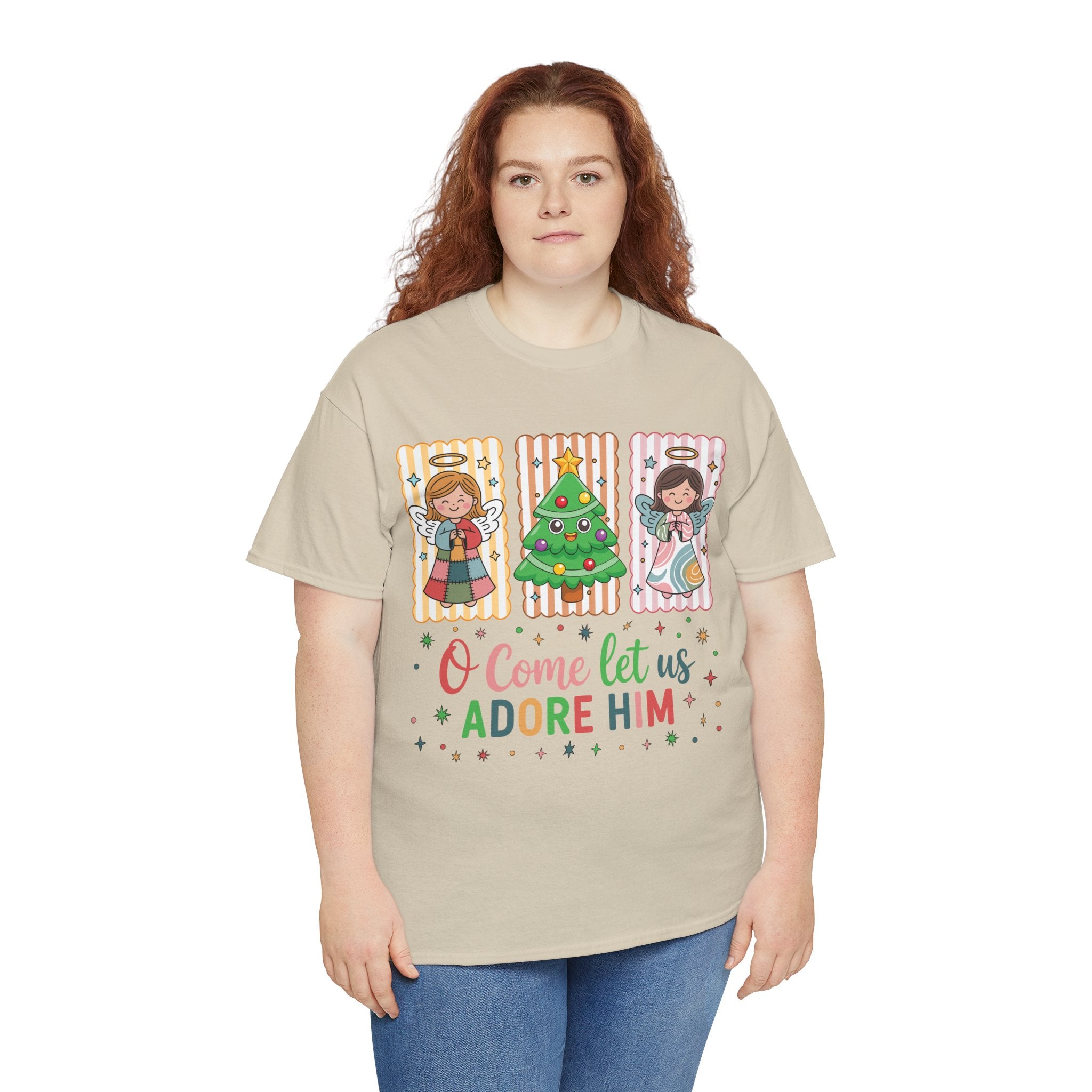 O Come Let Us Adore Him Christmas Tee — Smiling Angels & Happy Tree..Unisex Cotton Tee