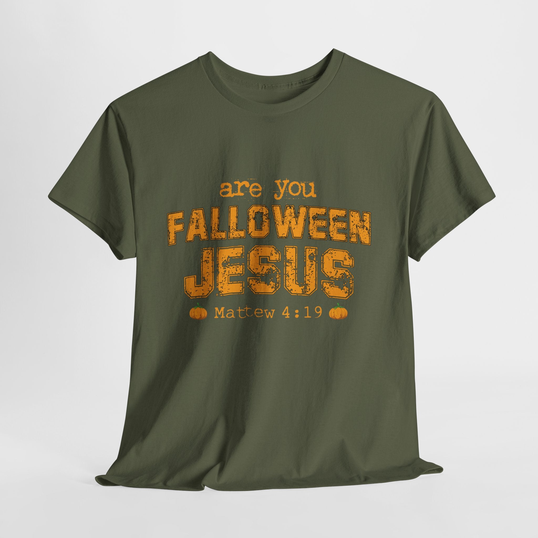 Christian Halloween T-Shirt — “Are You Falloween Jesus? Matthew 4:19” Distressed Pumpkin Design. Unisex Cotton Tee