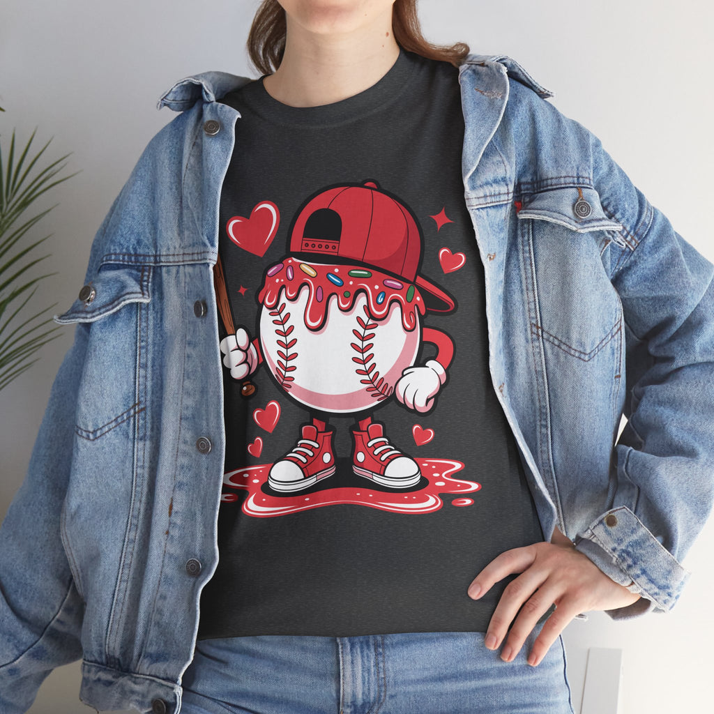Cute Baseball Character T-Shirt — Red Cap & Icing Top Graphic with Hearts Unisex Cotton Tee