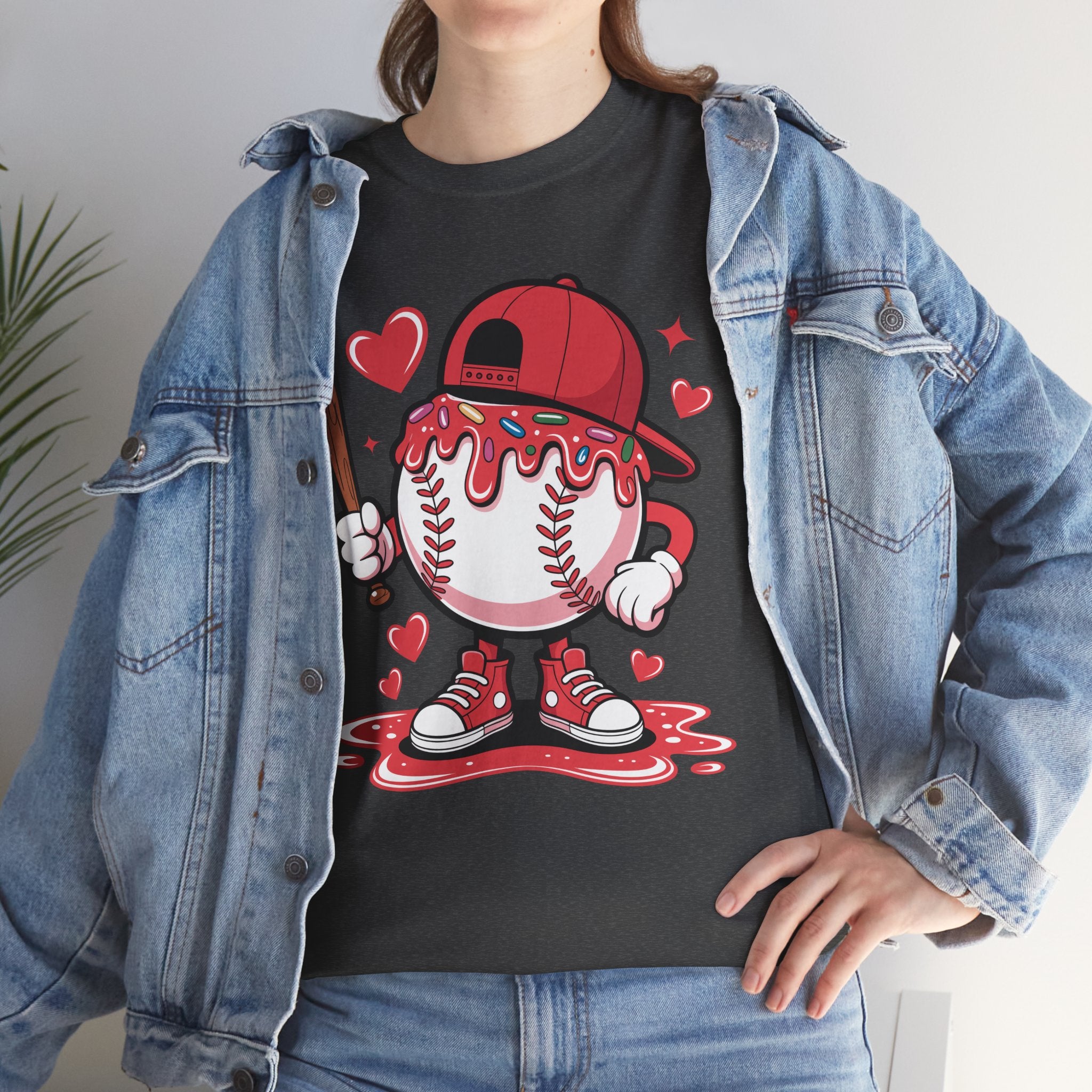 Cute Baseball Character T-Shirt — Red Cap & Icing Top Graphic with Hearts Unisex Cotton Tee