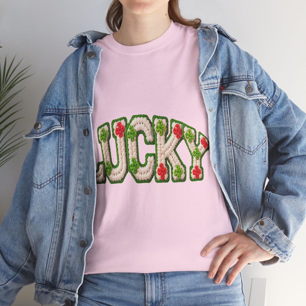 Lucky Crochet Clover T-Shirt — Faux-Yarn Embroidered St. Patrick’s Unisex Cotton Tee